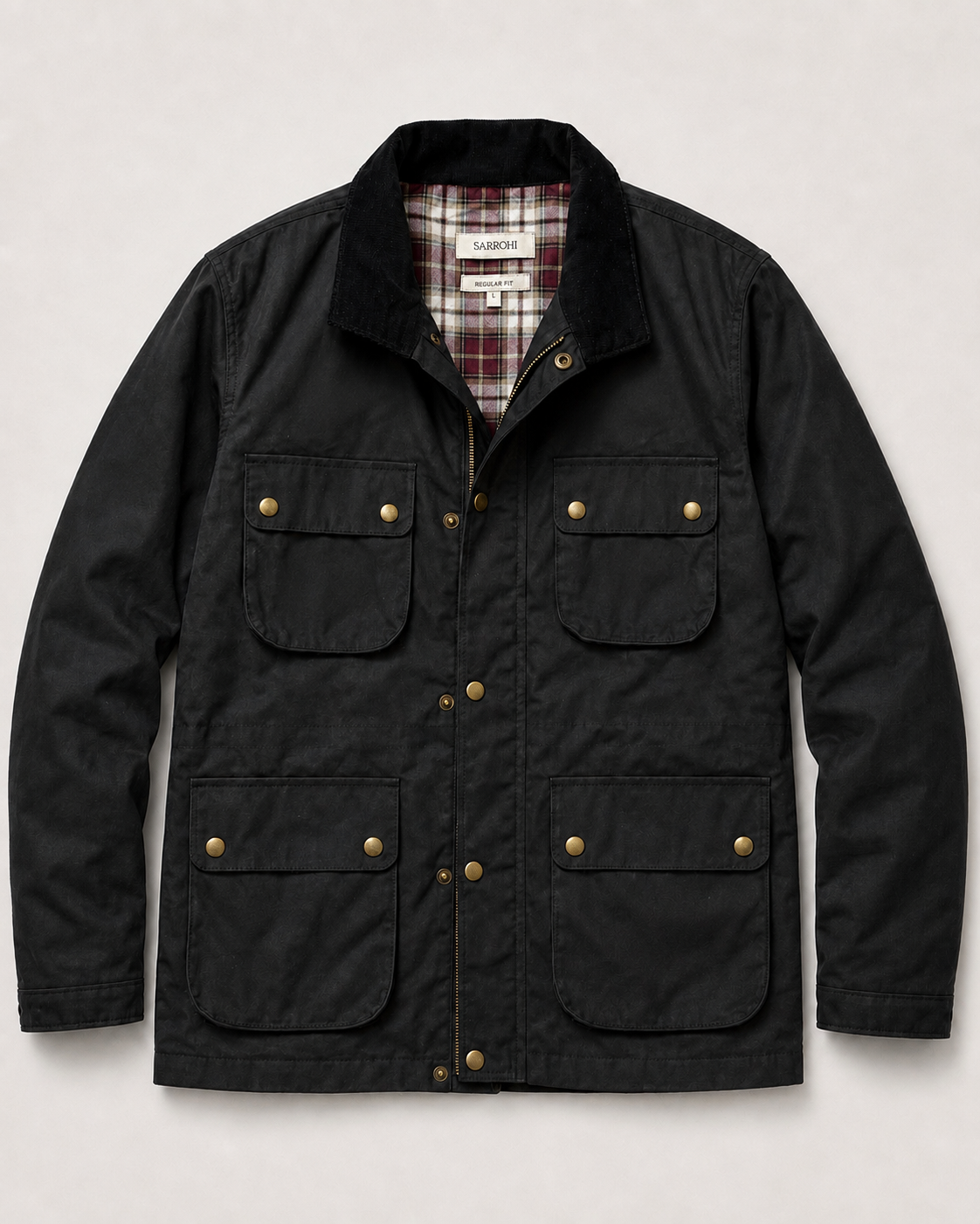 The Gorkha Jacket- Men's Black Waxed Jacket with Courduroy Collar