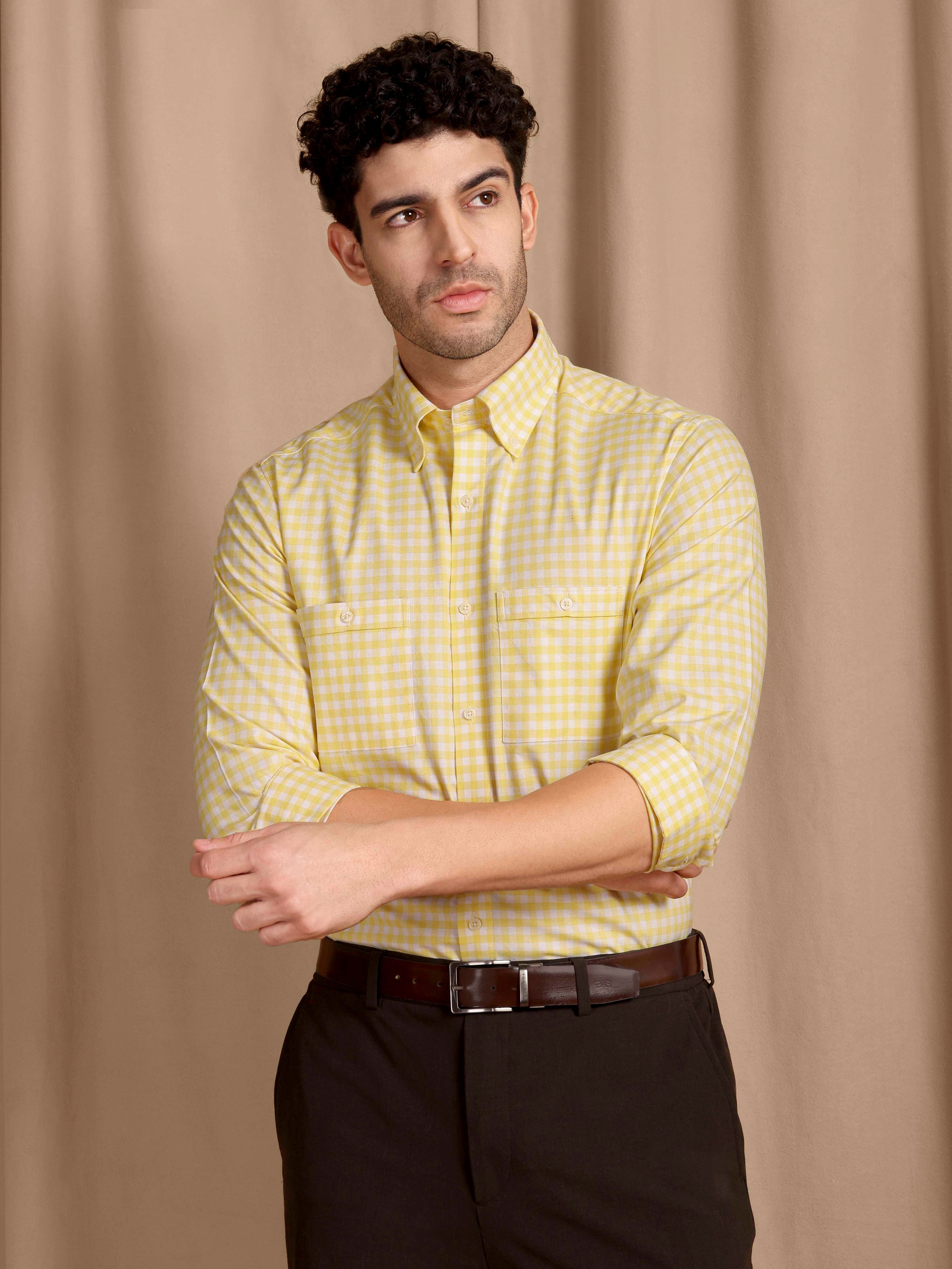 The Karikala: Slim Fit Checkered Yellow Oxford Shirt