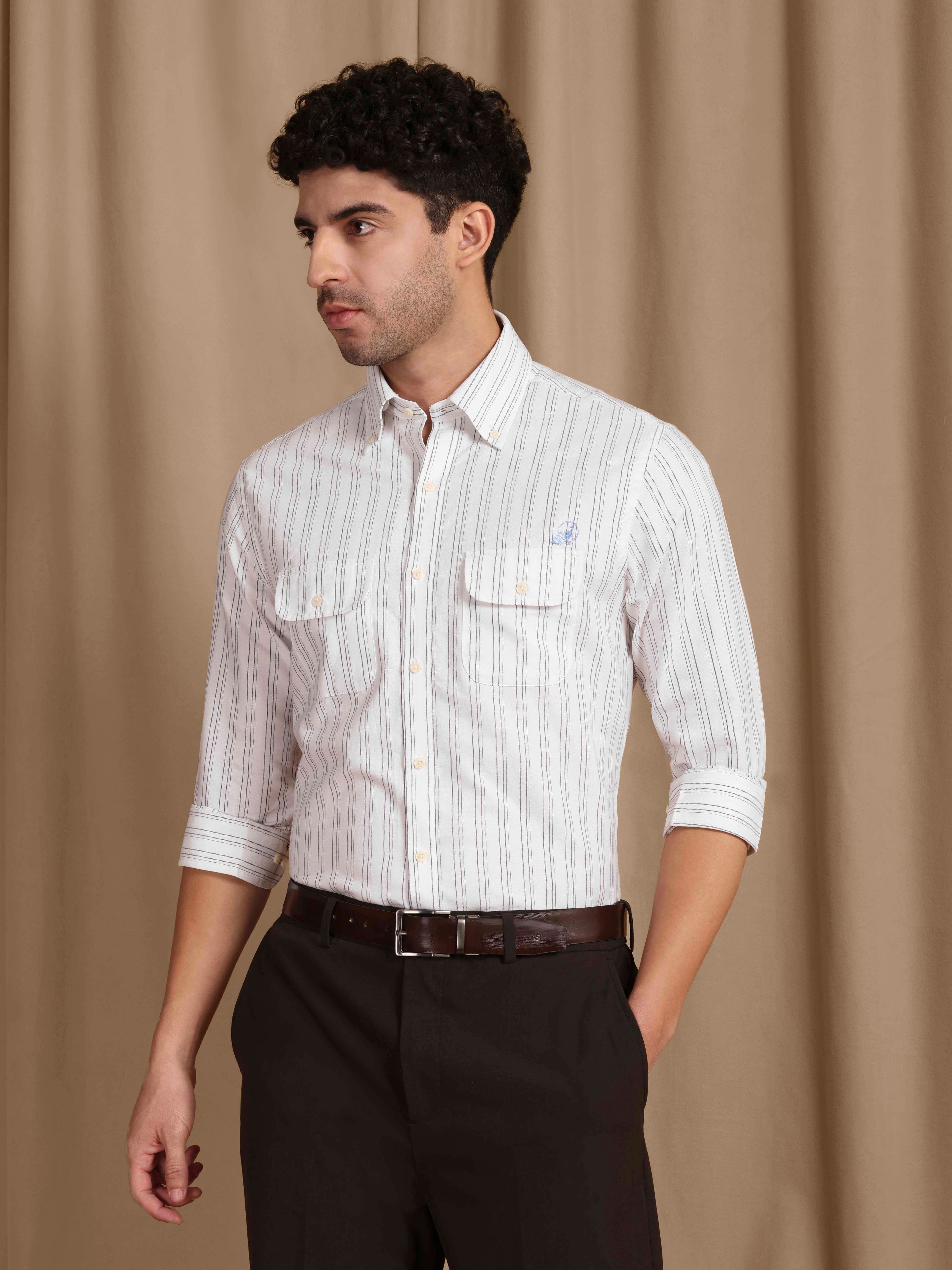 The Karikala: Slim Fit White-Grey Striped Oxford Shirt