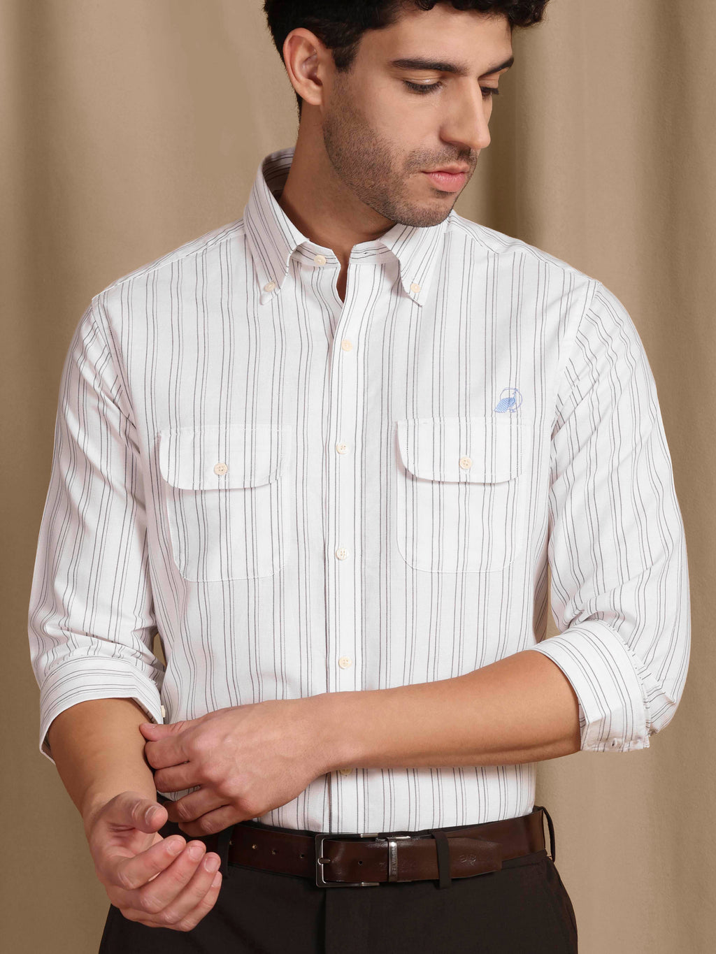 The Karikala: Slim Fit White-Grey Striped Oxford Shirt