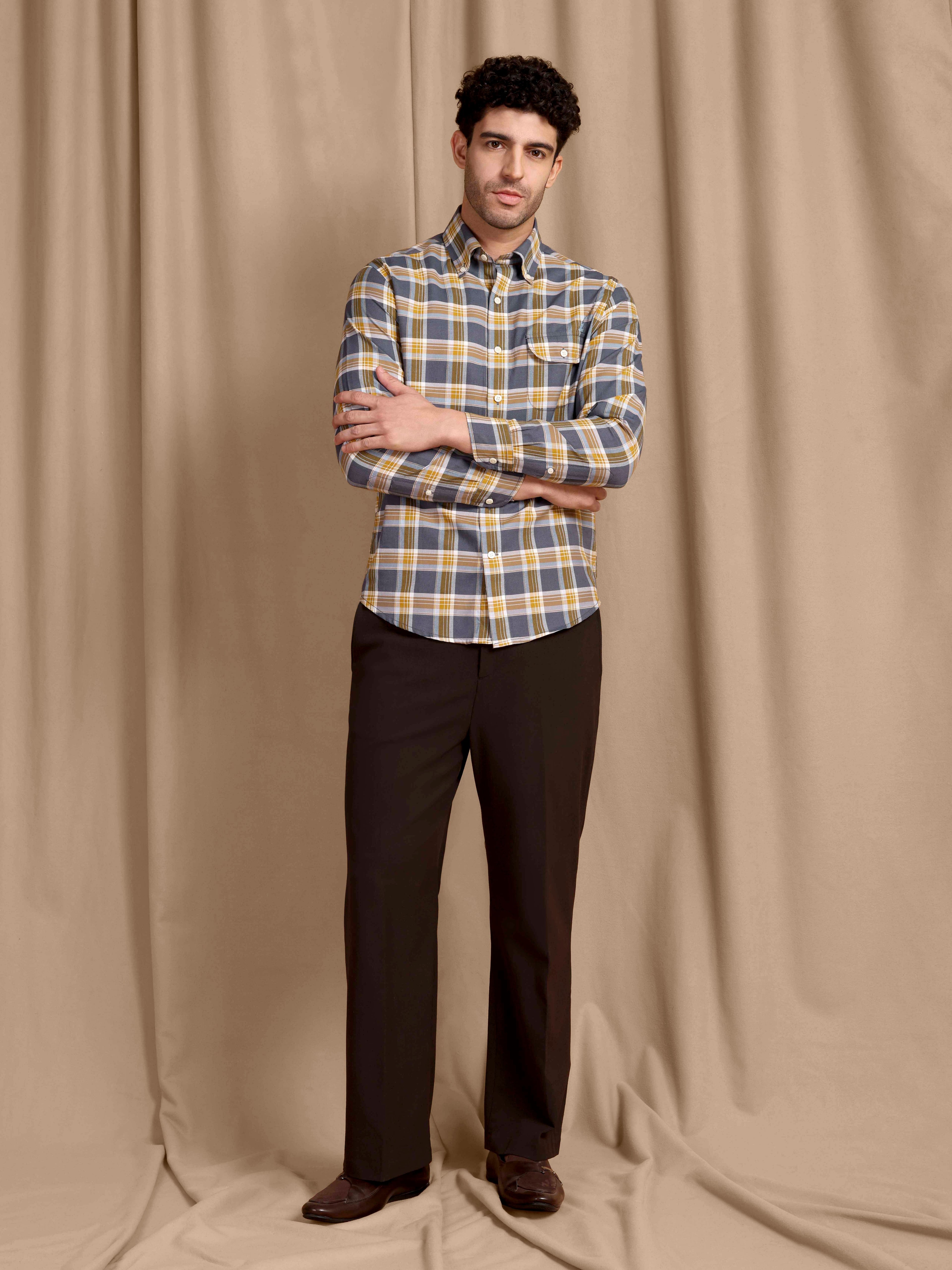 The Udai: Slim Fit Checkered Blue-Gold Oxford Shirt