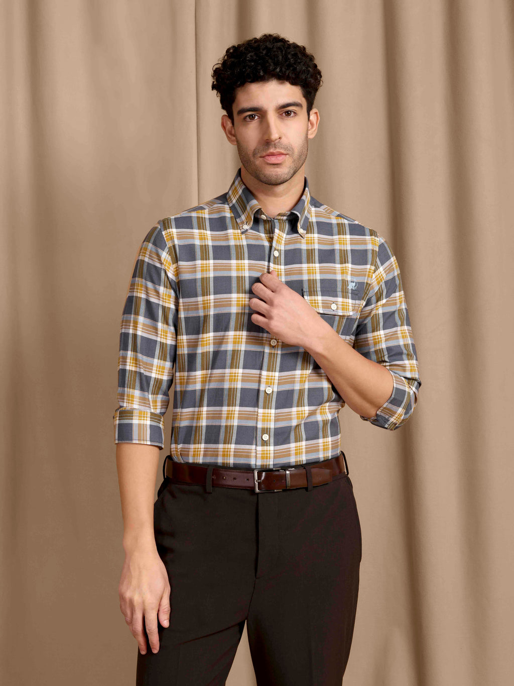 The Udai: Slim Fit Checkered Blue-Gold Oxford Shirt