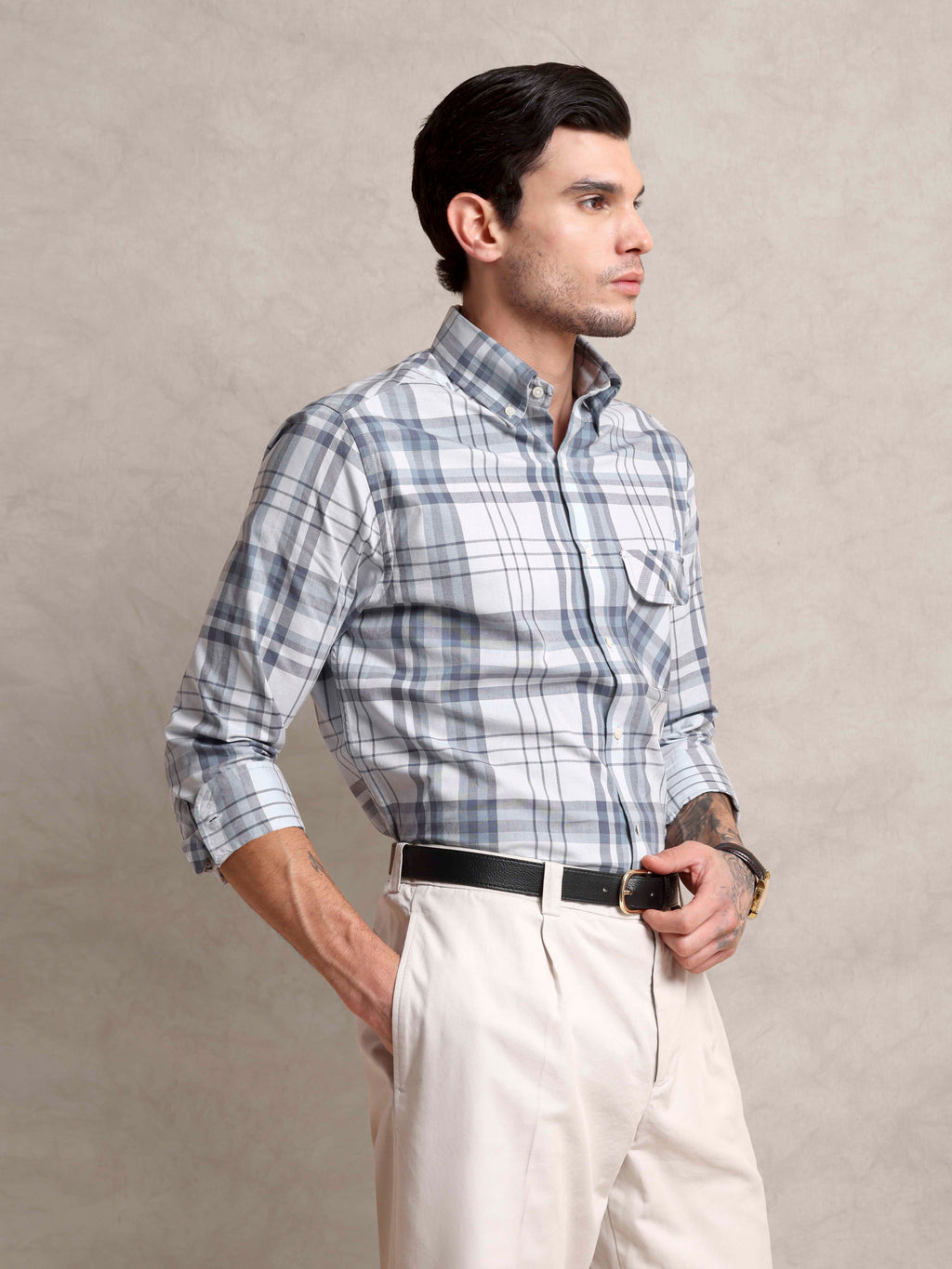 The Udai: Slim Fit Checkered Blue-Grey Single Pocket Oxford Shirt
