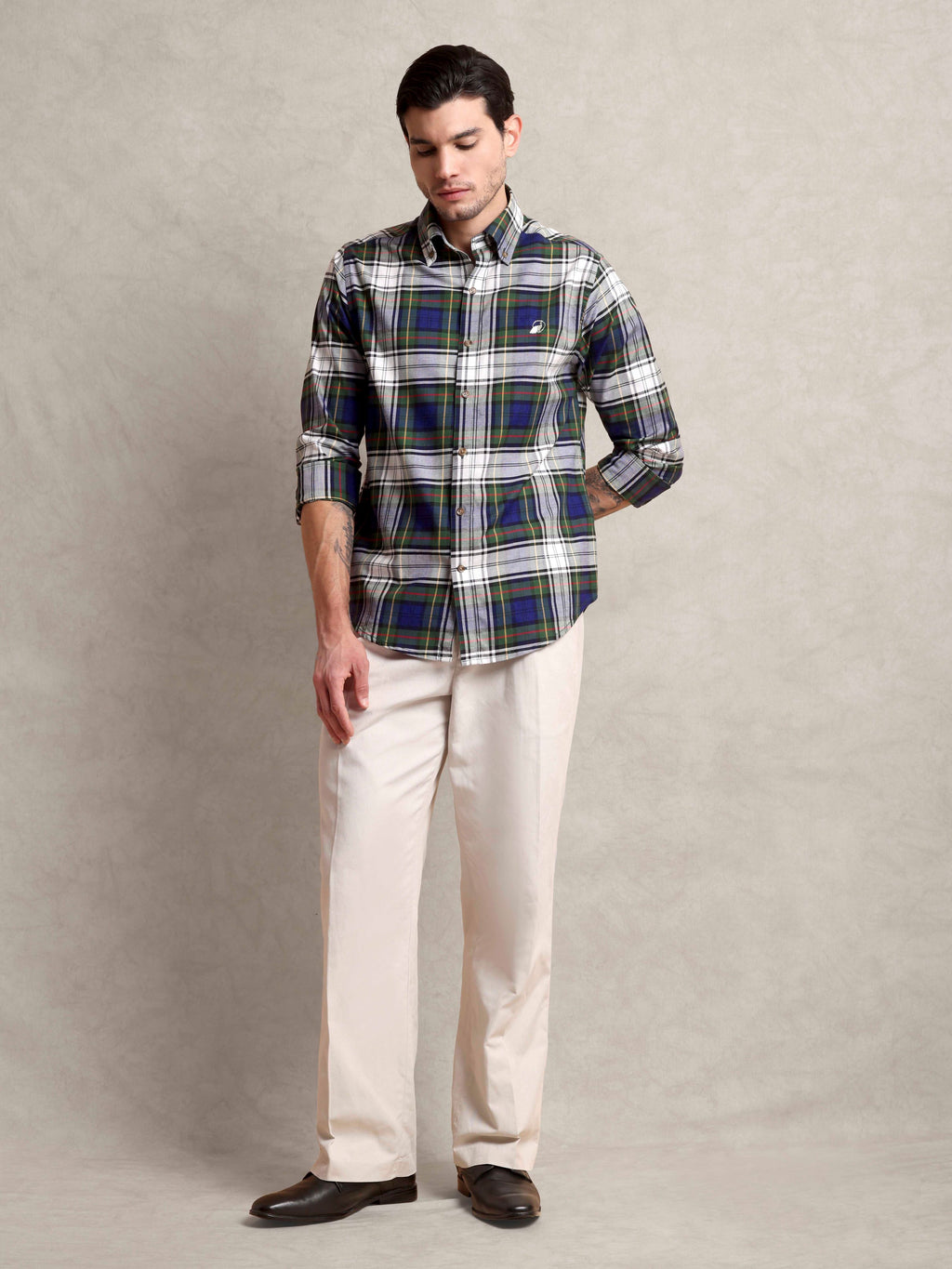 The Rawal: Slim Fit Olive-Navy Plaid Oxford Shirt