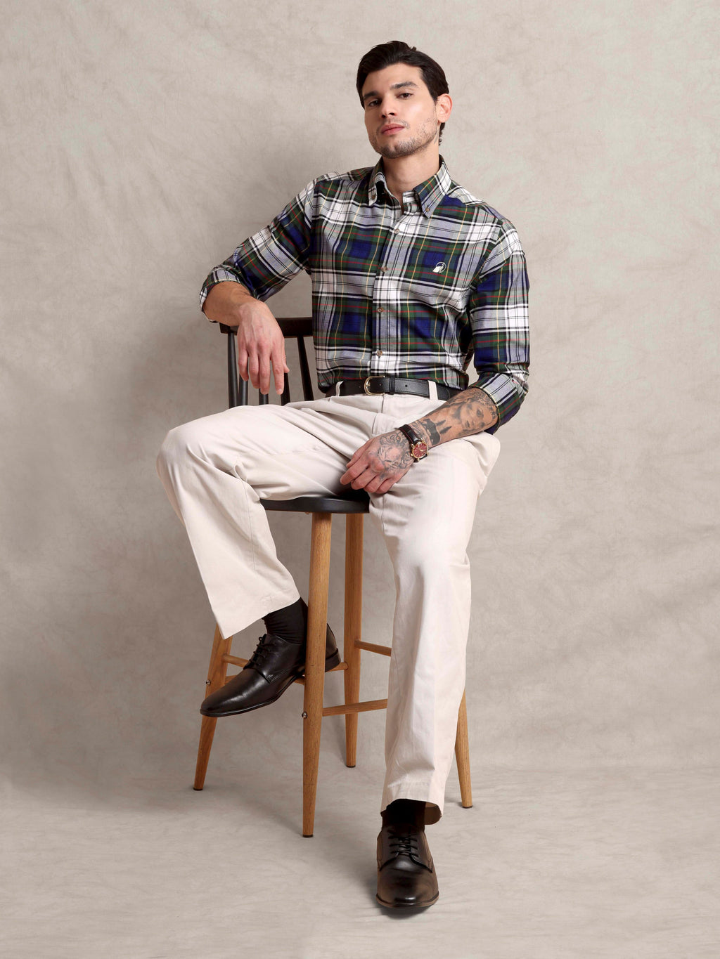 The Rawal: Slim Fit Olive-Navy Plaid Oxford Shirt
