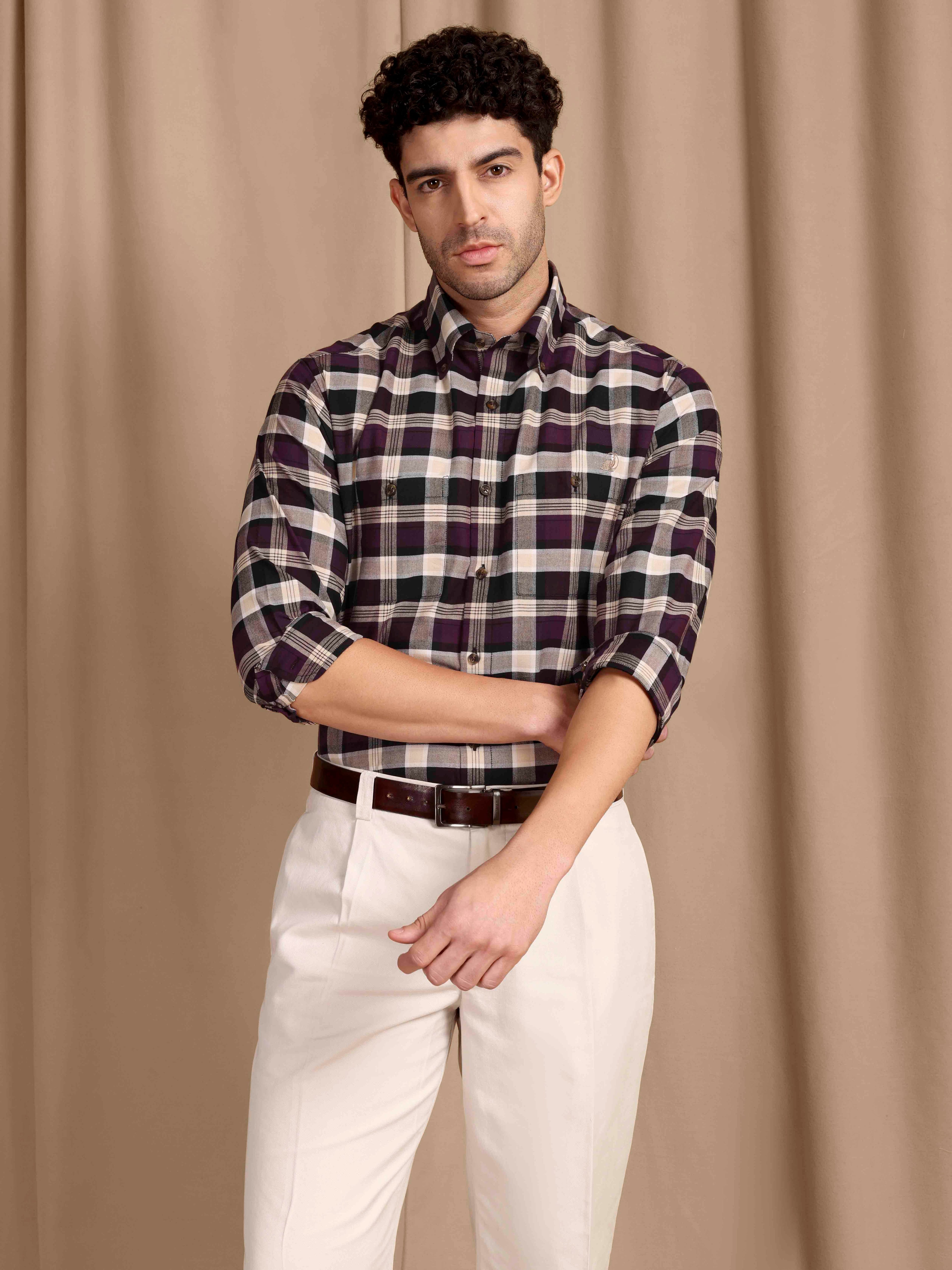 The Rawal: Slim Fit Checkered Maroon Oxford Shirt