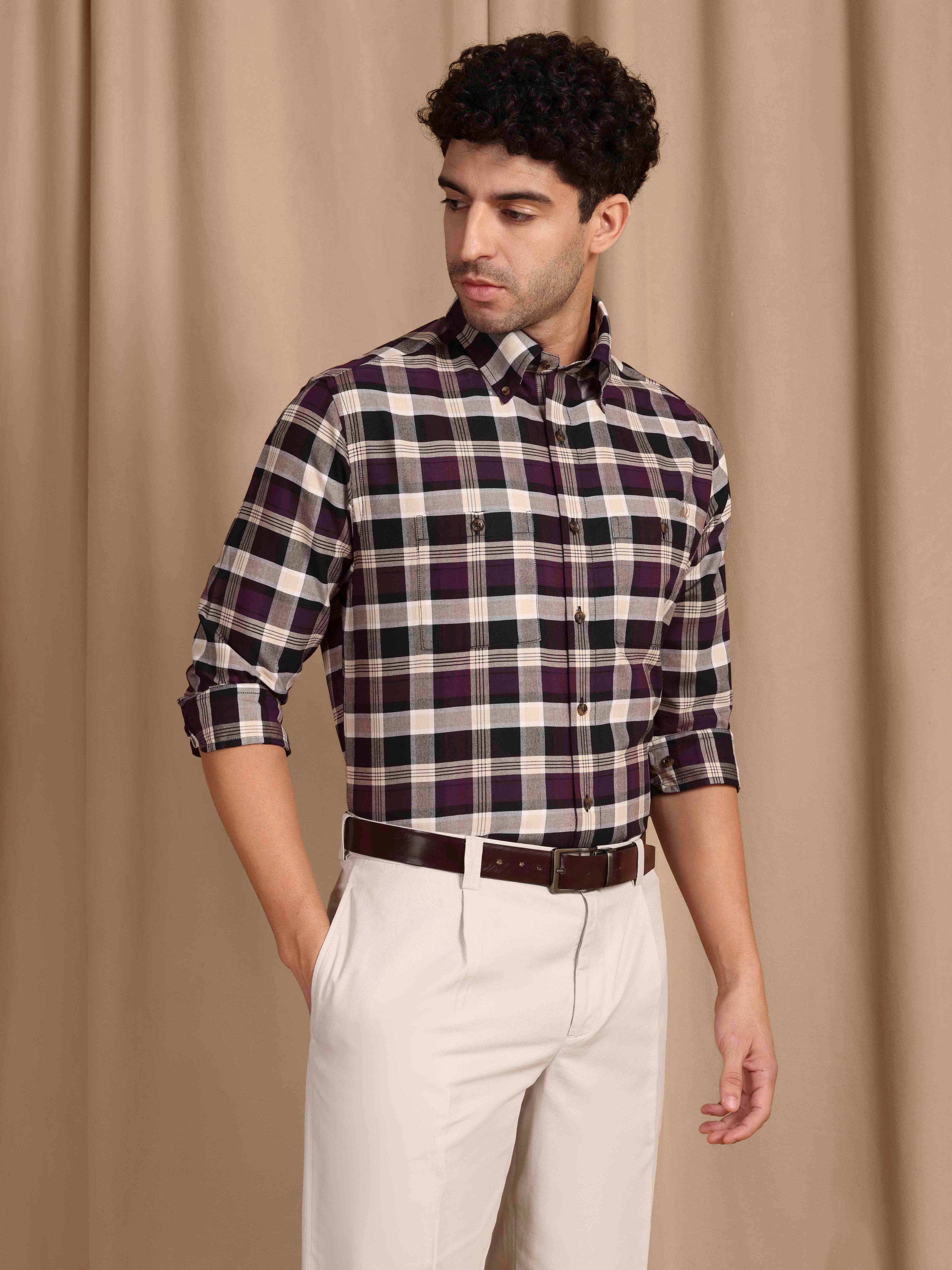 The Rawal: Slim Fit Checkered Maroon Oxford Shirt
