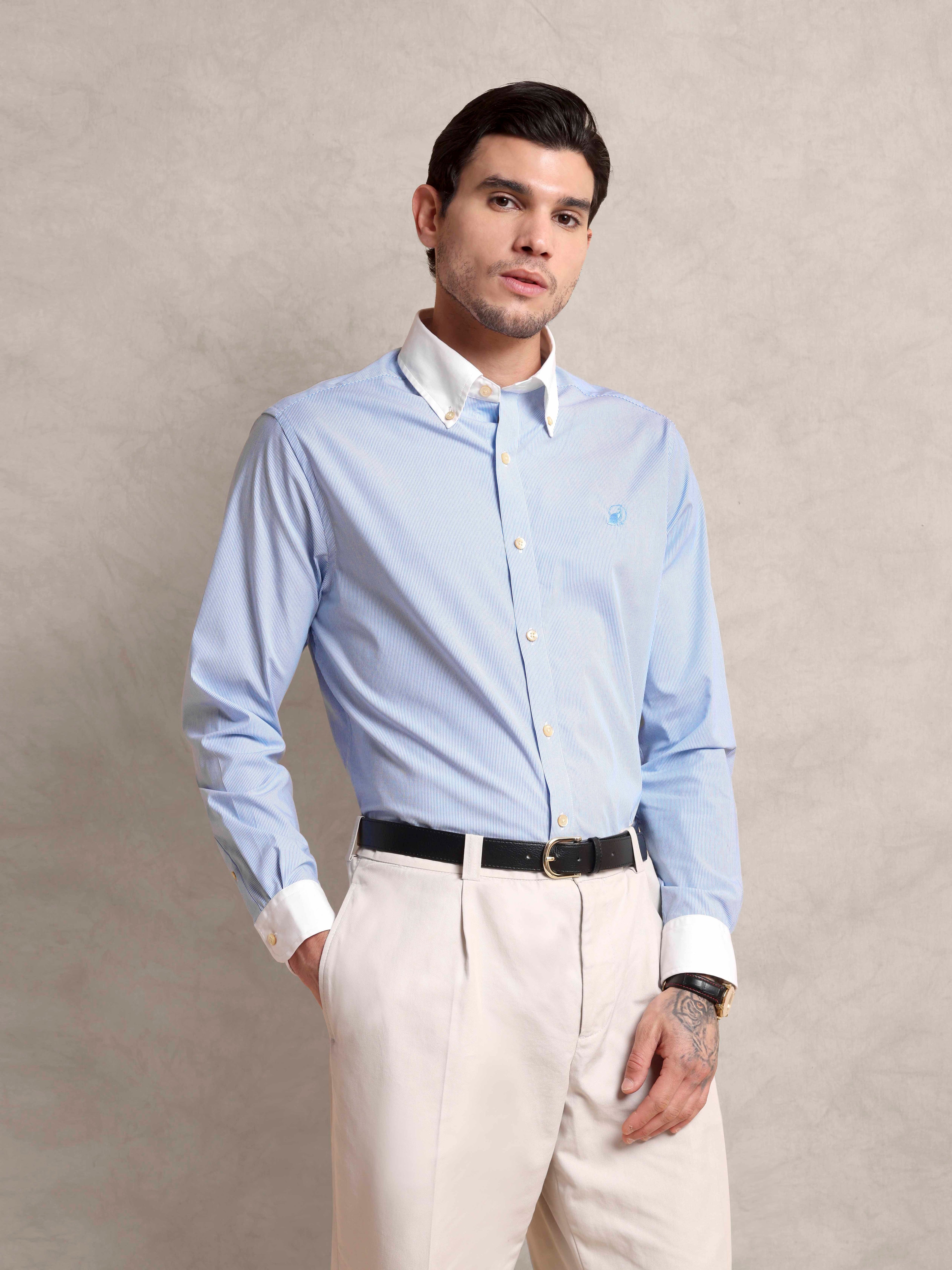 The Rawal: Slim Fit Egyptian Giza Cotton Striped Powder Blue Shirt