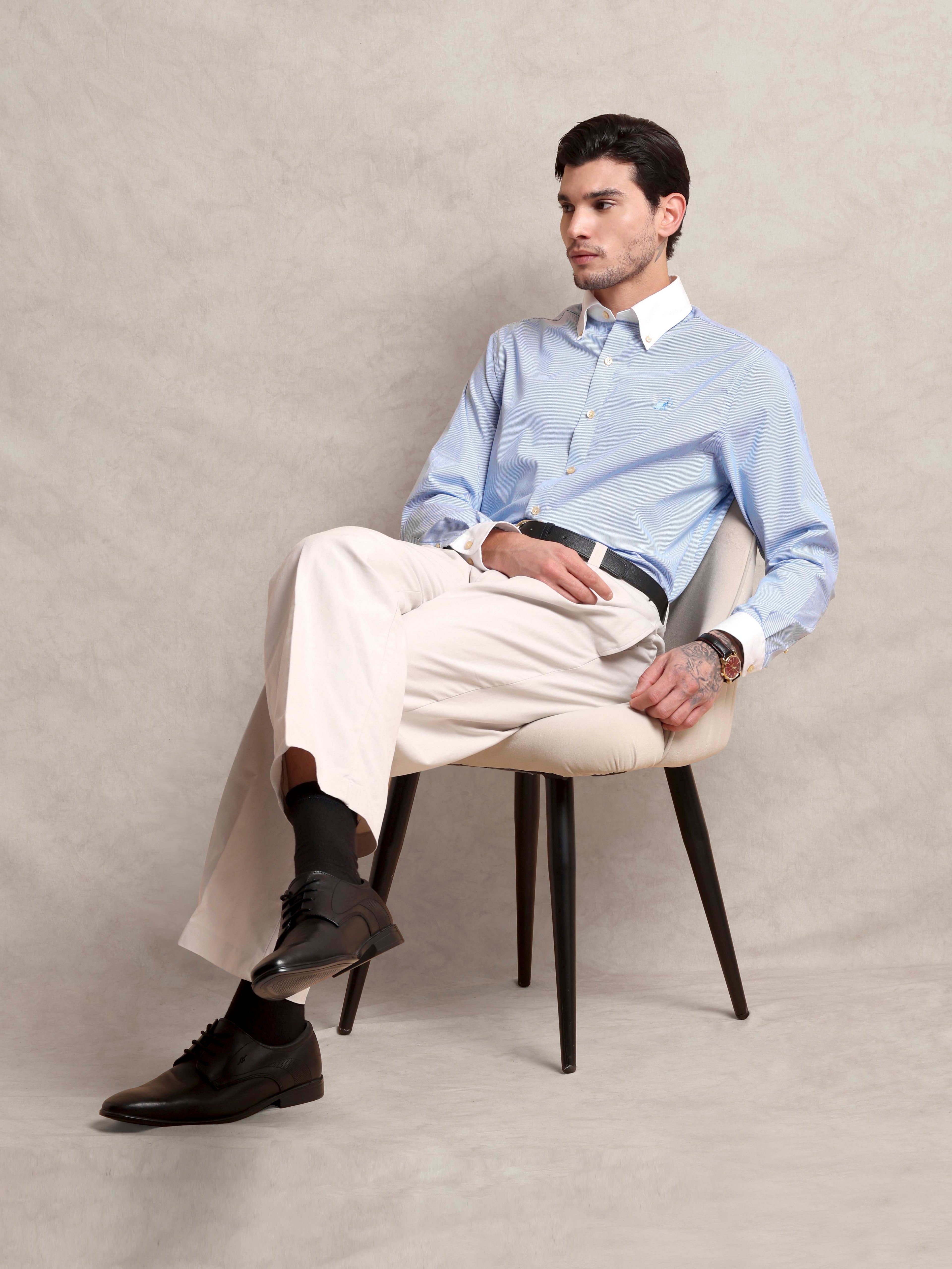 The Rawal: Slim Fit Egyptian Giza Cotton Striped Powder Blue Shirt
