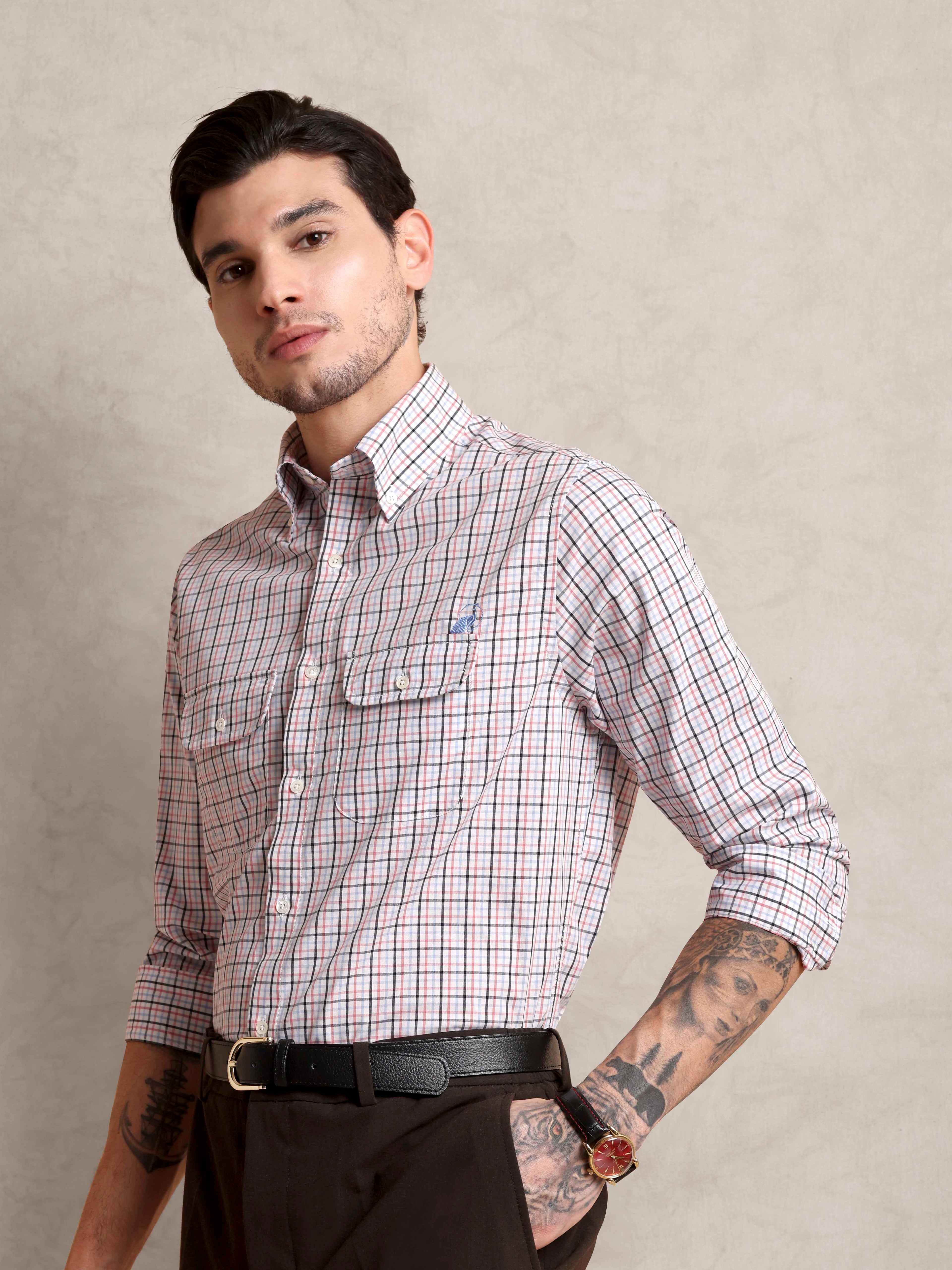The Karikala: Slim Fit Checkered Salmon Poplin Shirt