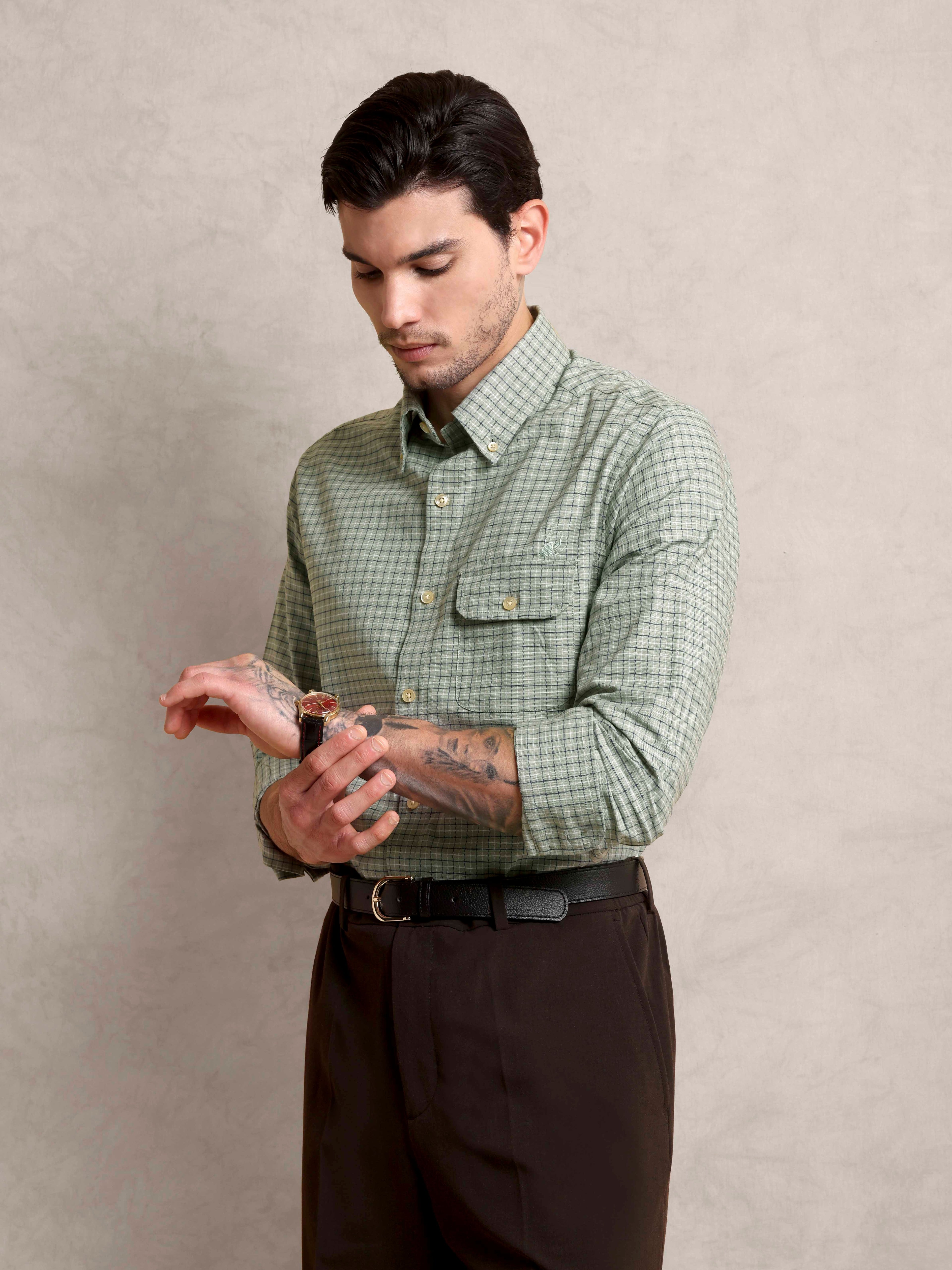 The Udai: Slim Fit Supima Cotton Checkered Pista Shirt