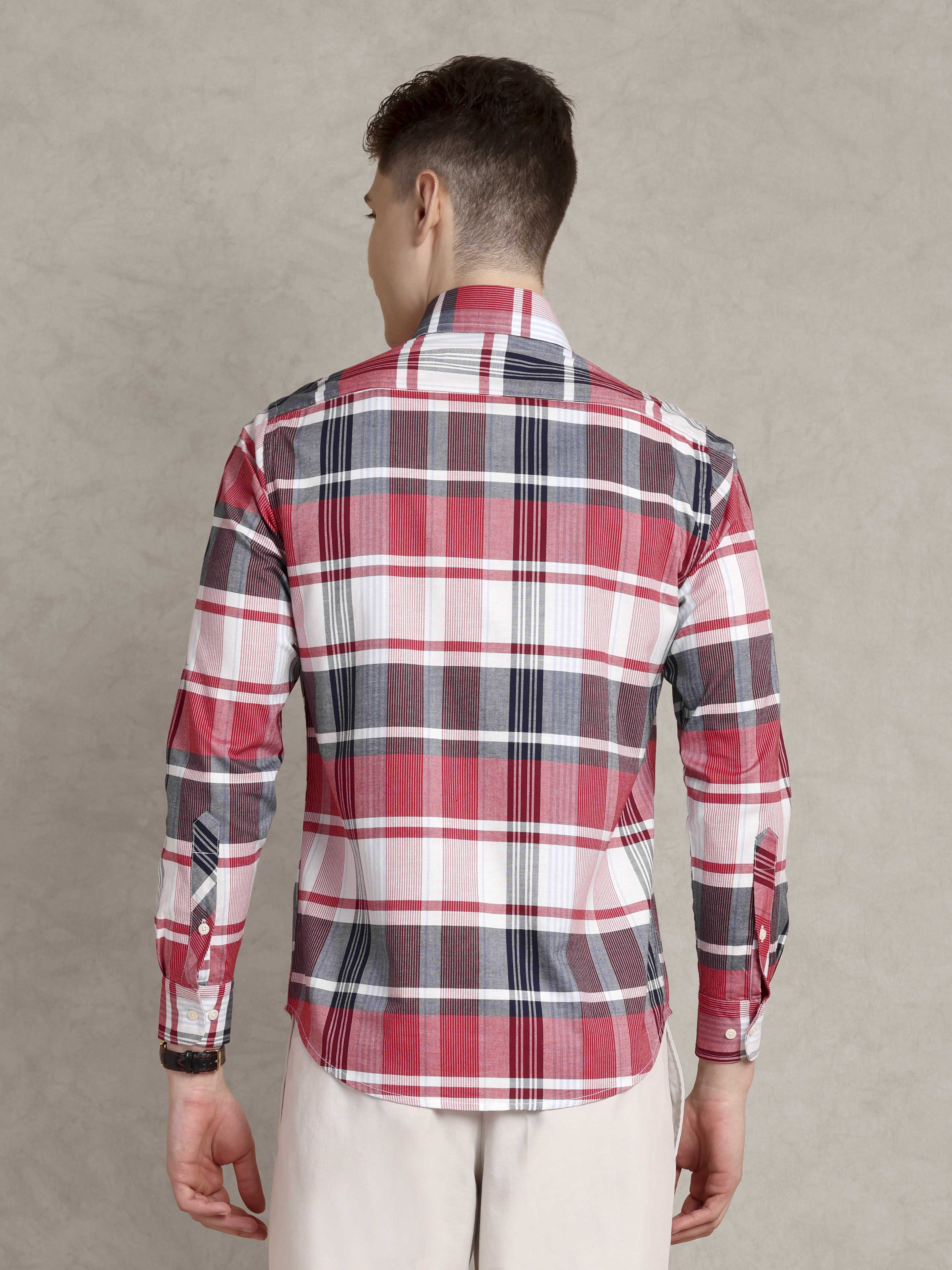 The Udai: Slim Fit Checkered Red Single Pocket Oxford Shirt
