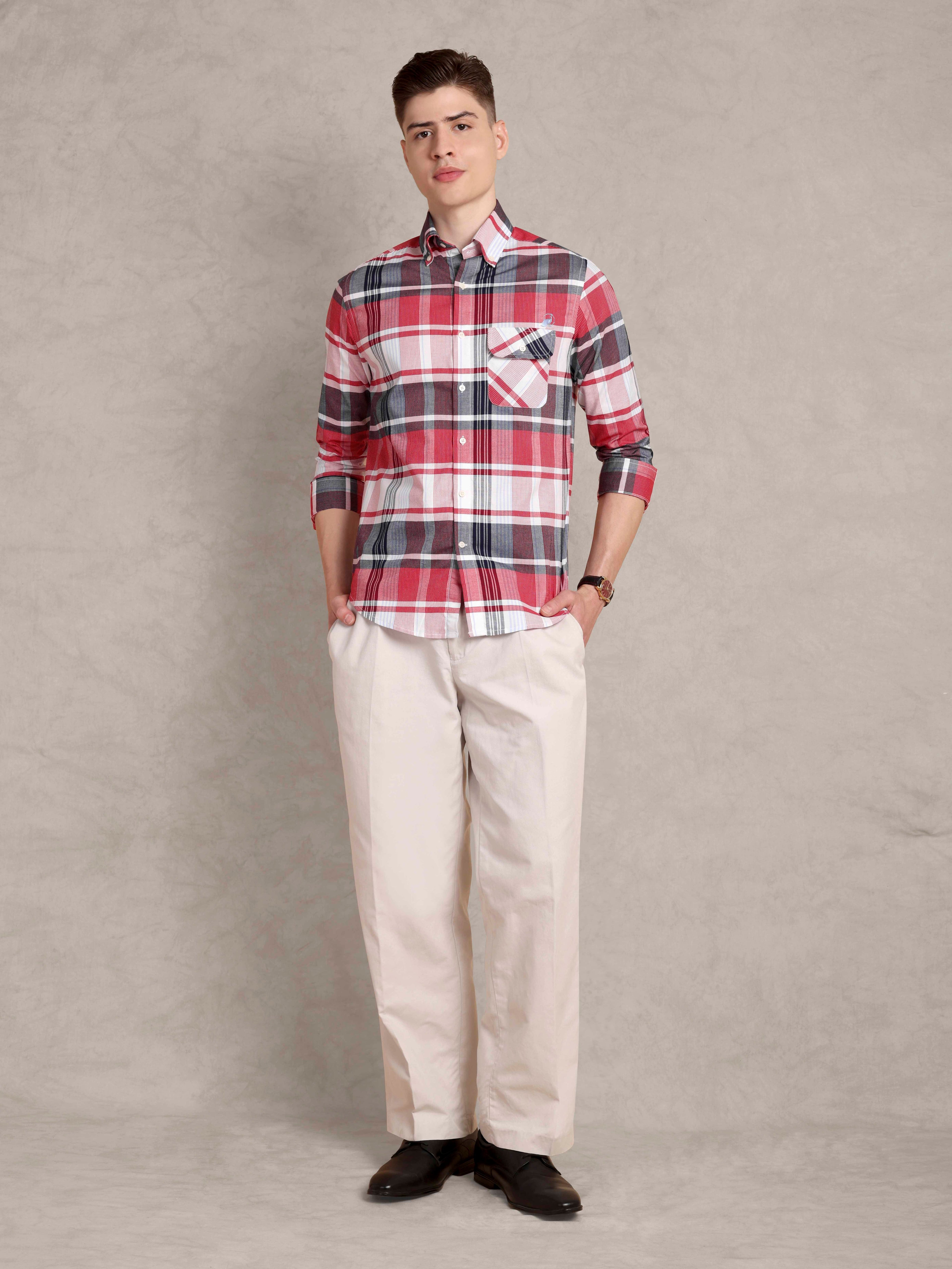 The Udai: Slim Fit Checkered Red Single Pocket Oxford Shirt