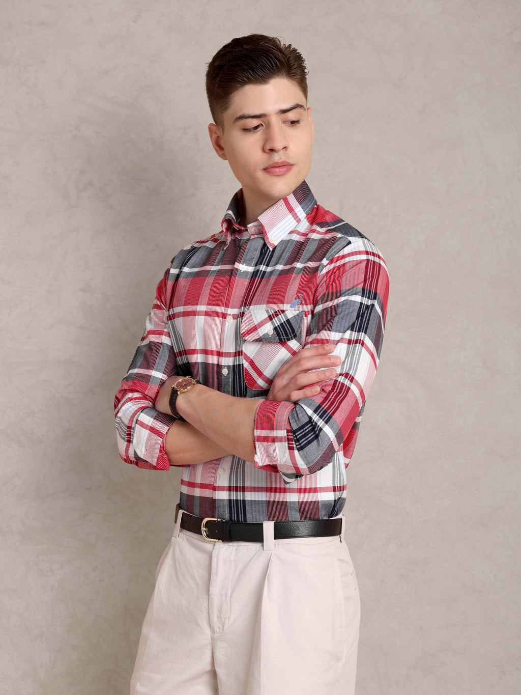 The Udai: Slim Fit Checkered Red Single Pocket Oxford Shirt