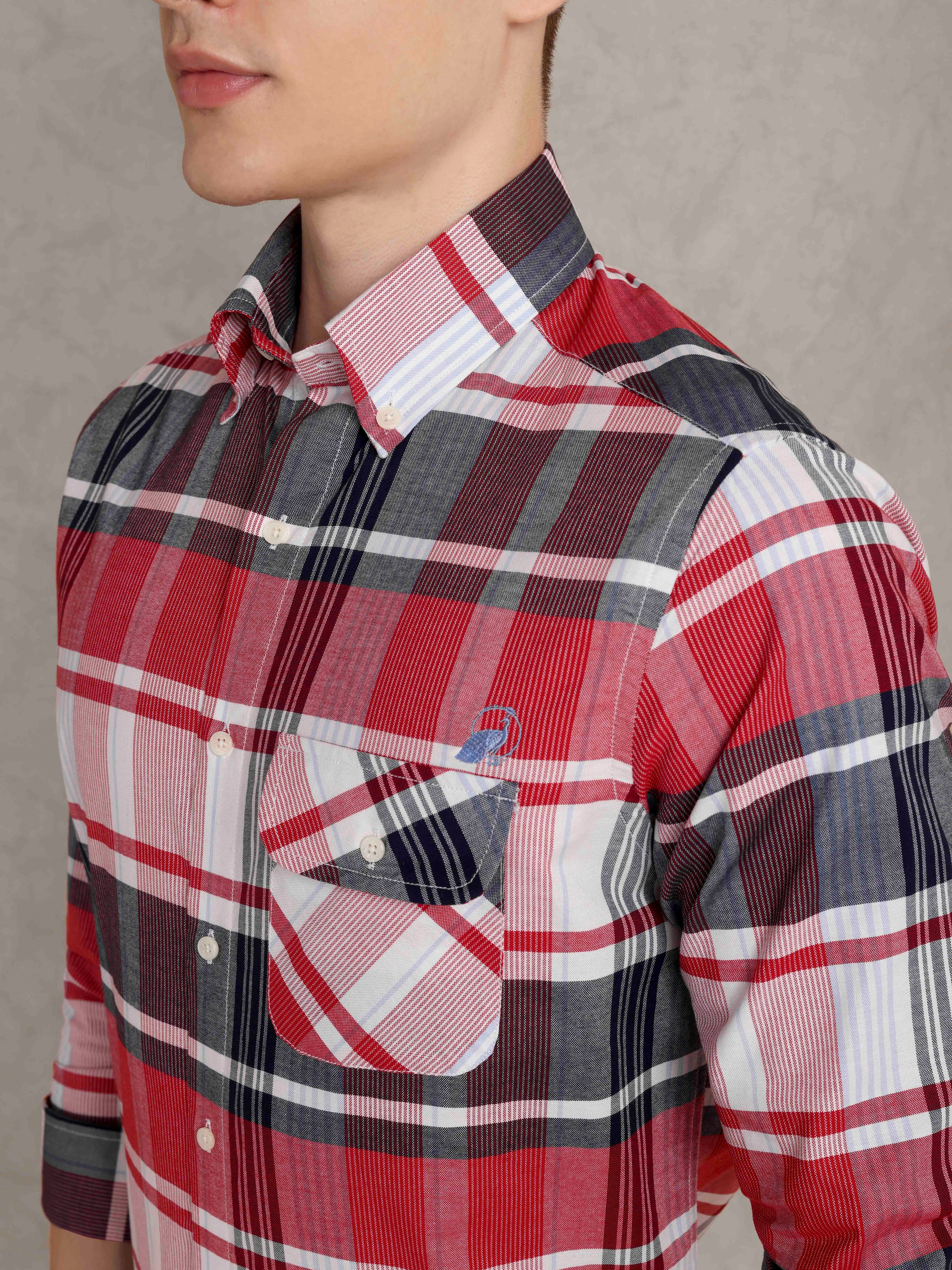 The Udai: Slim Fit Checkered Red Single Pocket Oxford Shirt