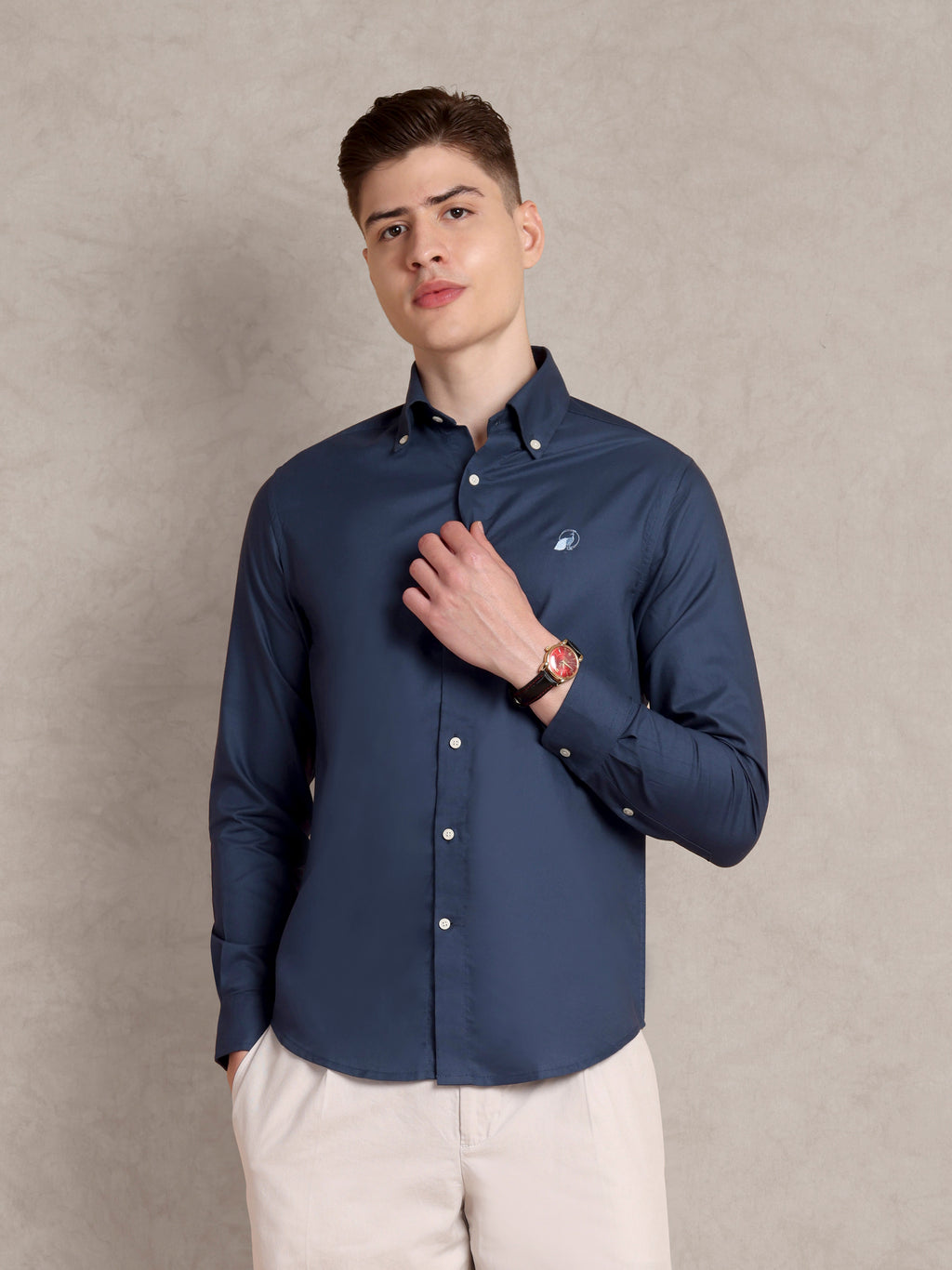 The Rawal: Slim Fit Solid Navy Blue Oxford Shirt