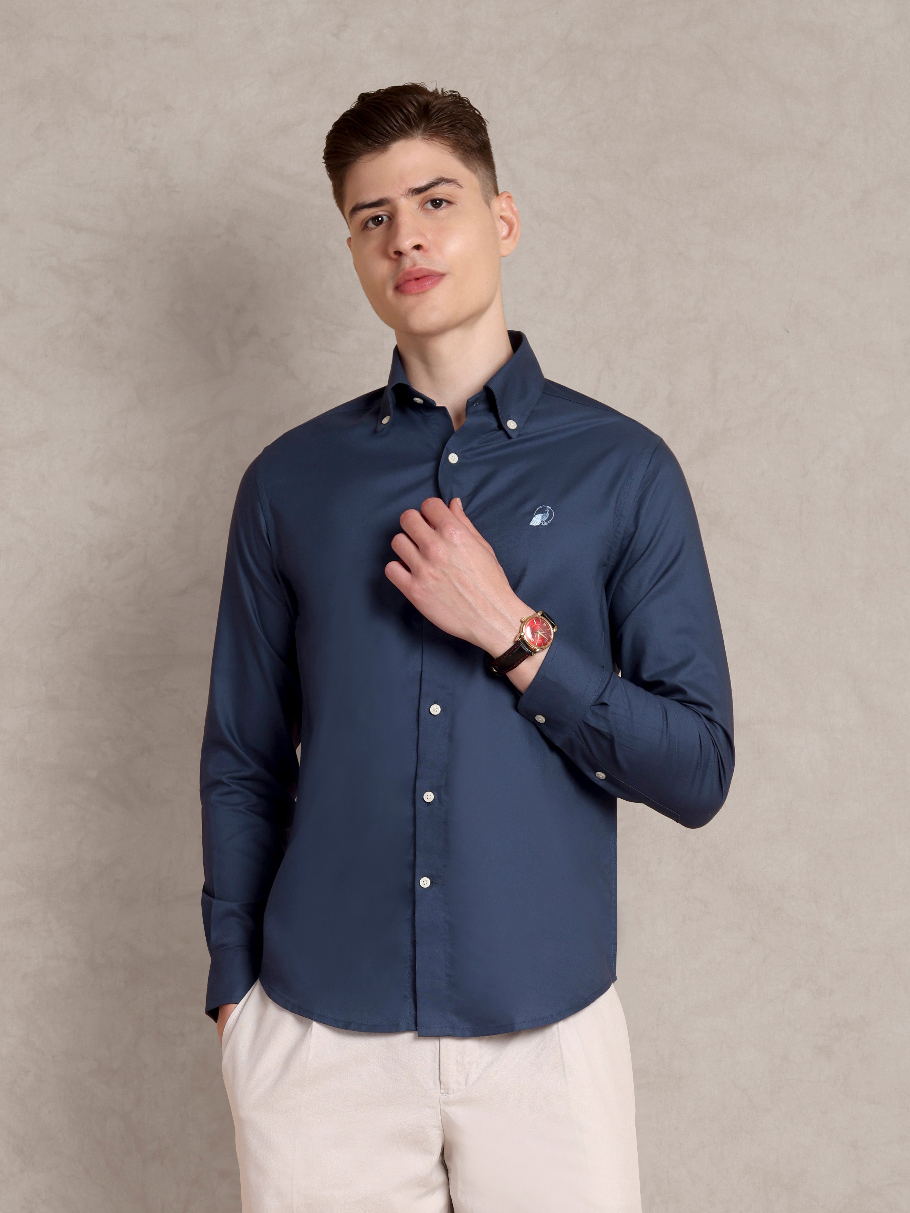 The Rawal: Slim Fit Solid Navy Blue Oxford Shirt