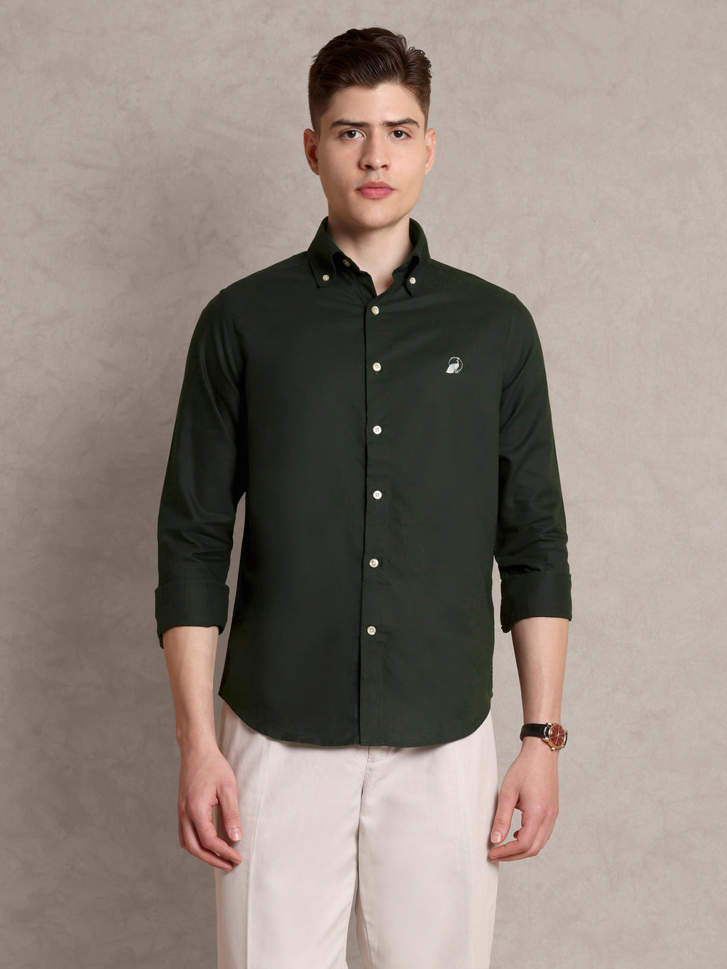 The Rawal: Slim Fit Solid Olive Green Oxford Shirt