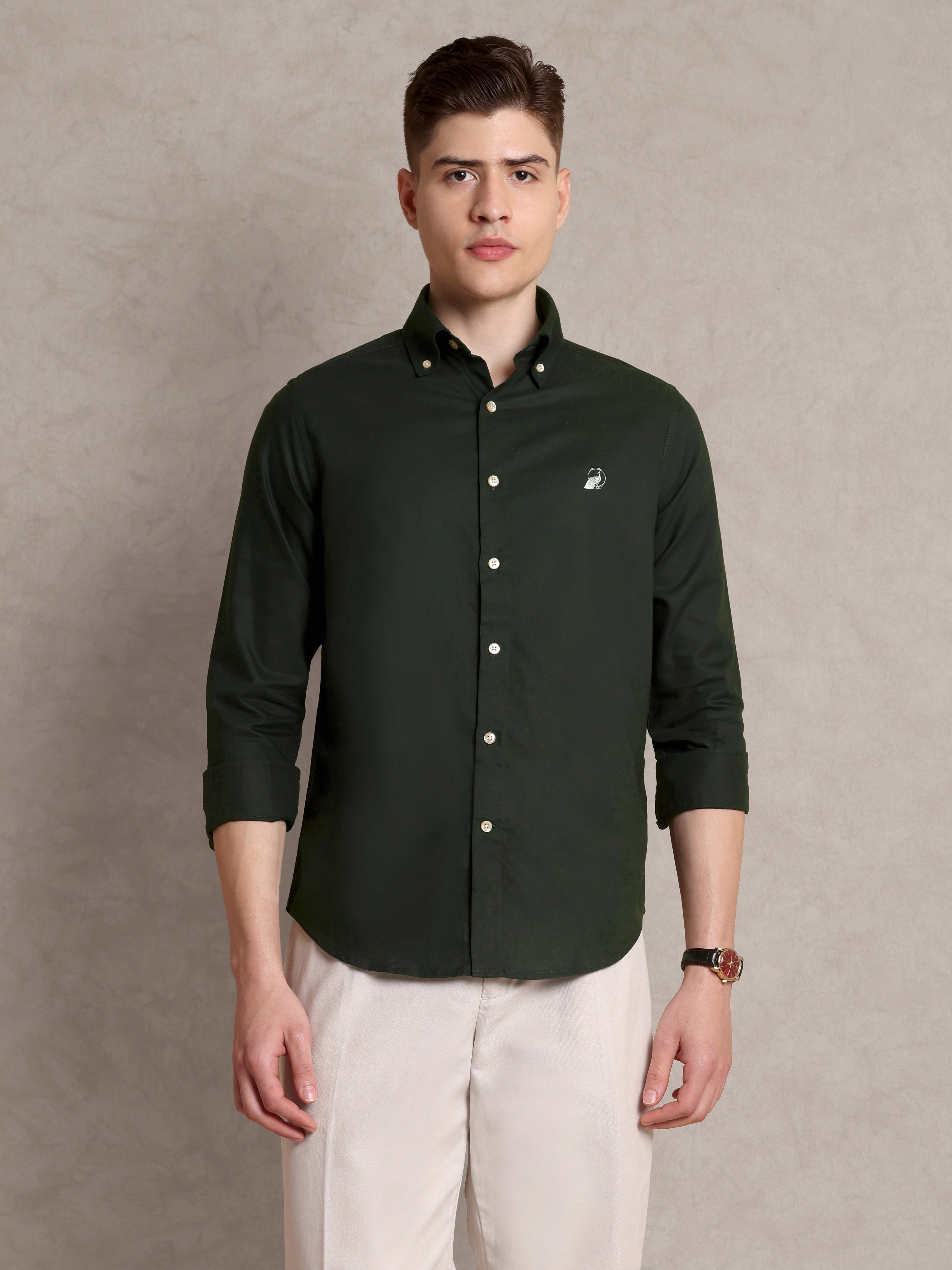 The Rawal: Slim Fit Solid Olive Green Oxford Shirt