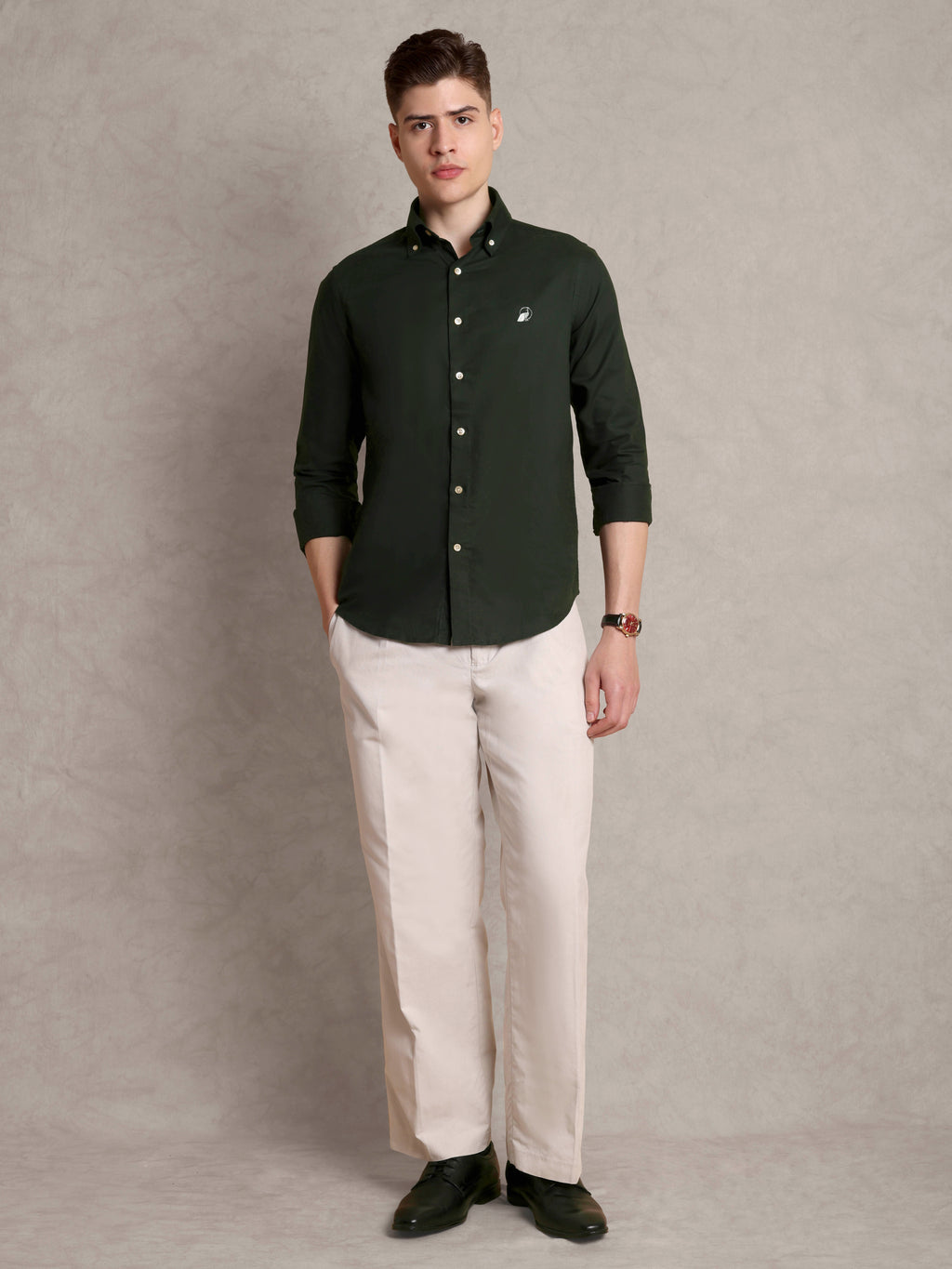 The Rawal: Slim Fit Solid Olive Green Oxford Shirt