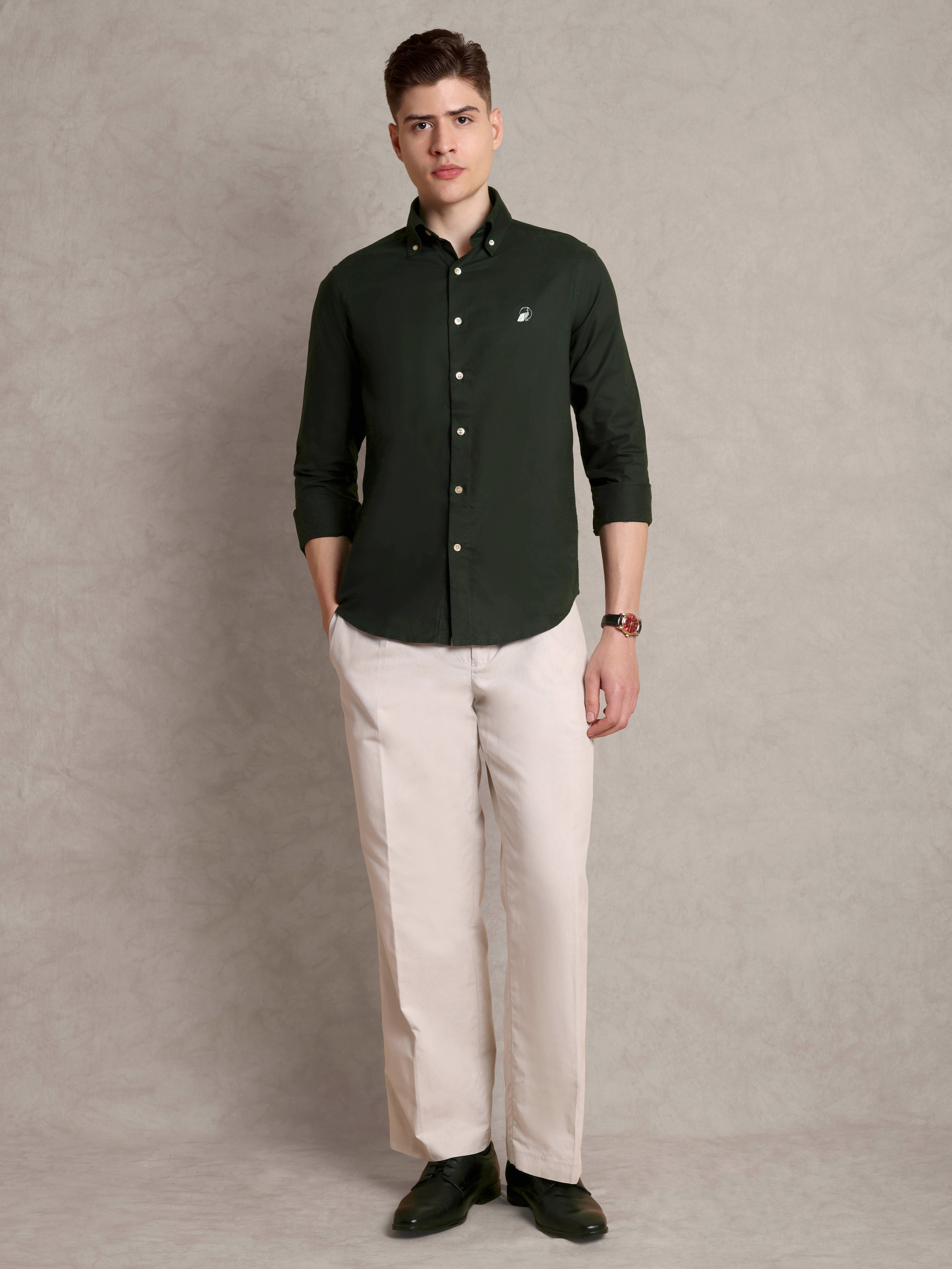 The Rawal: Slim Fit Solid Olive Green Oxford Shirt