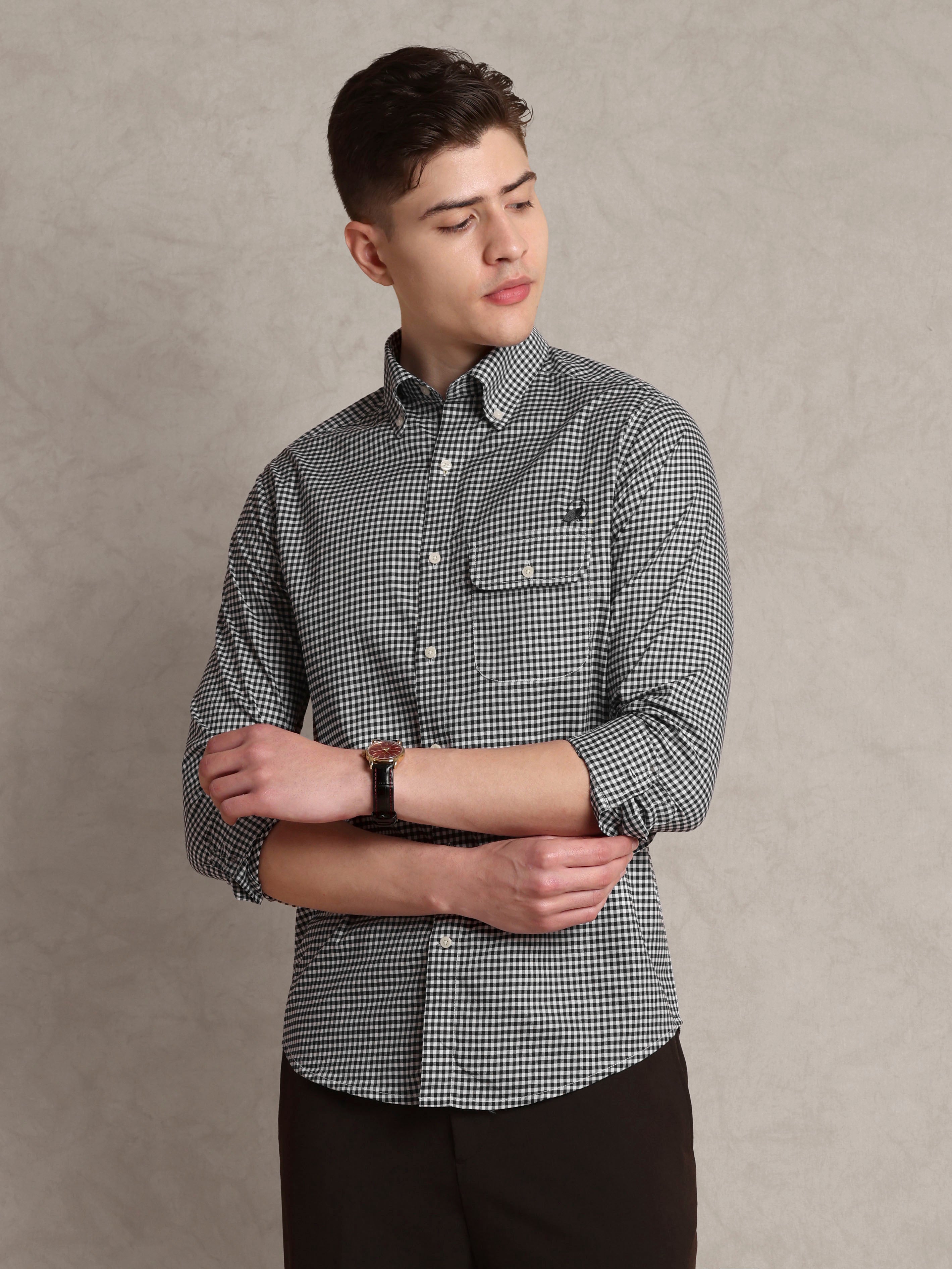 The Udai: Slim Fit Checkered Black Single Pocket Oxford Shirt