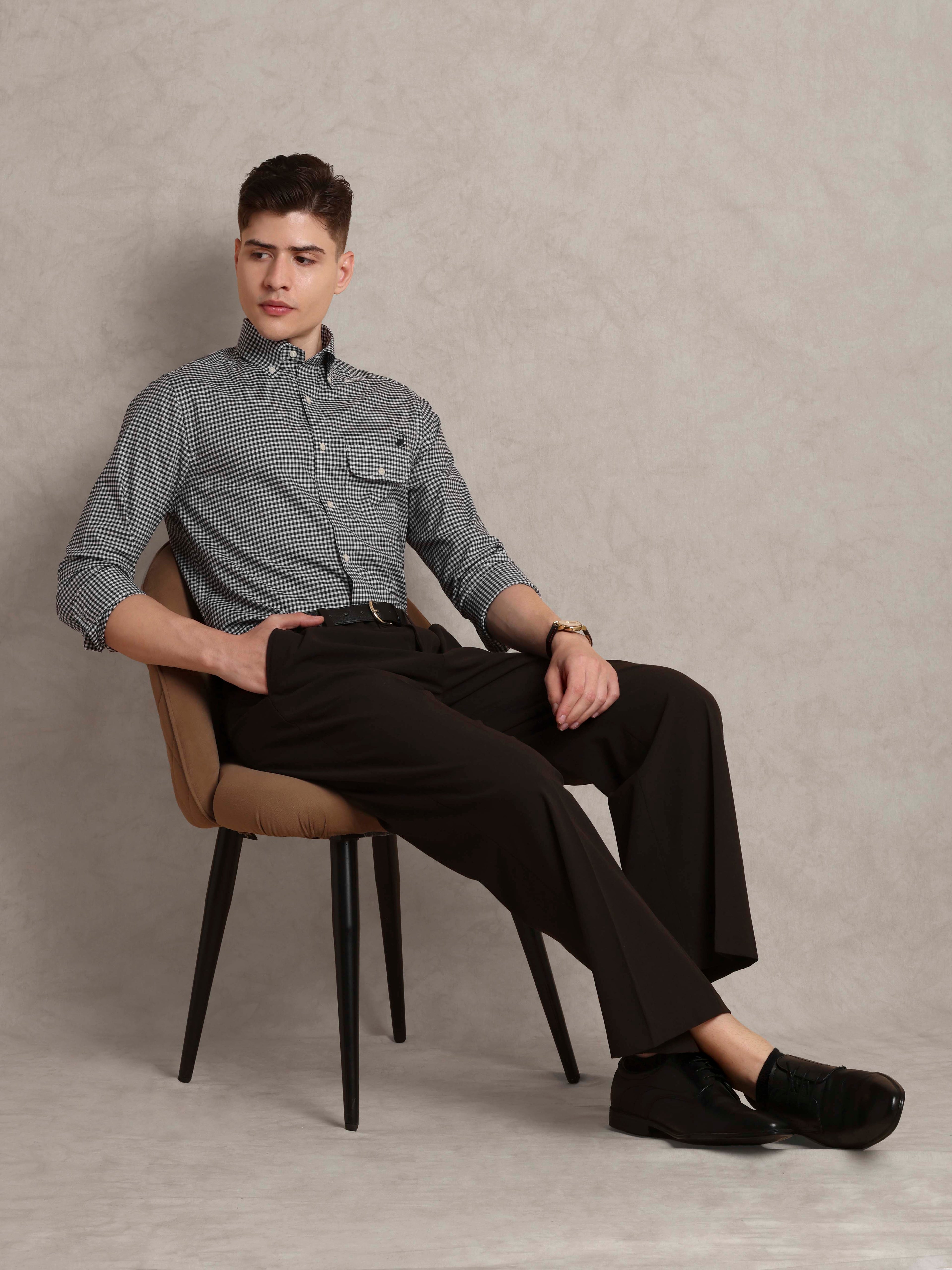 The Udai: Slim Fit Checkered Black Single Pocket Oxford Shirt