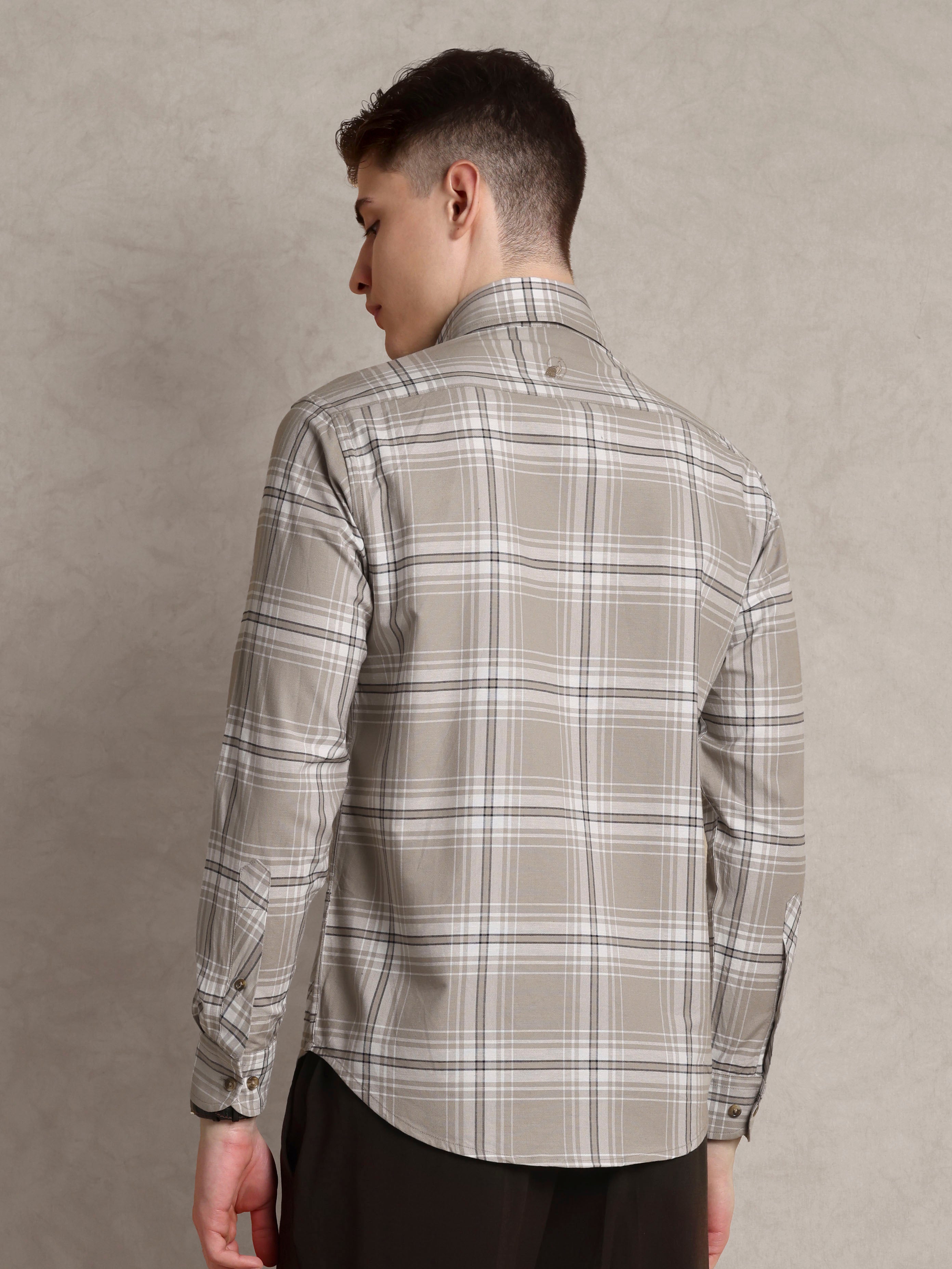 The Karikala: Slim Fit Checkered Taupe Poplin Shirt