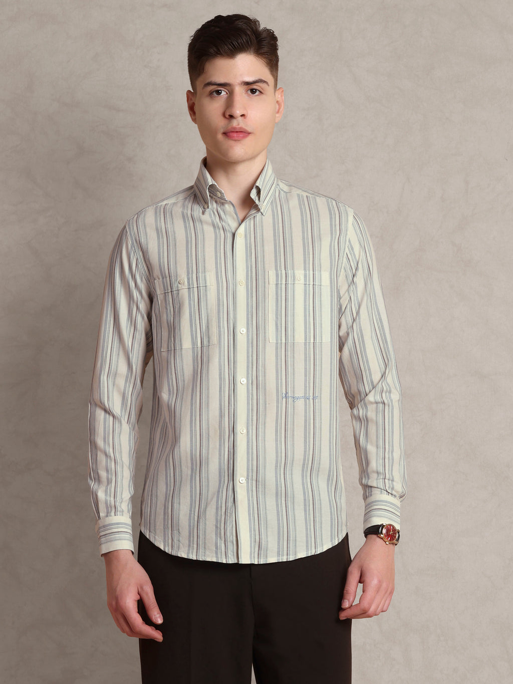The Karikala: Slim Fit Striped Grey Poplin Shirt