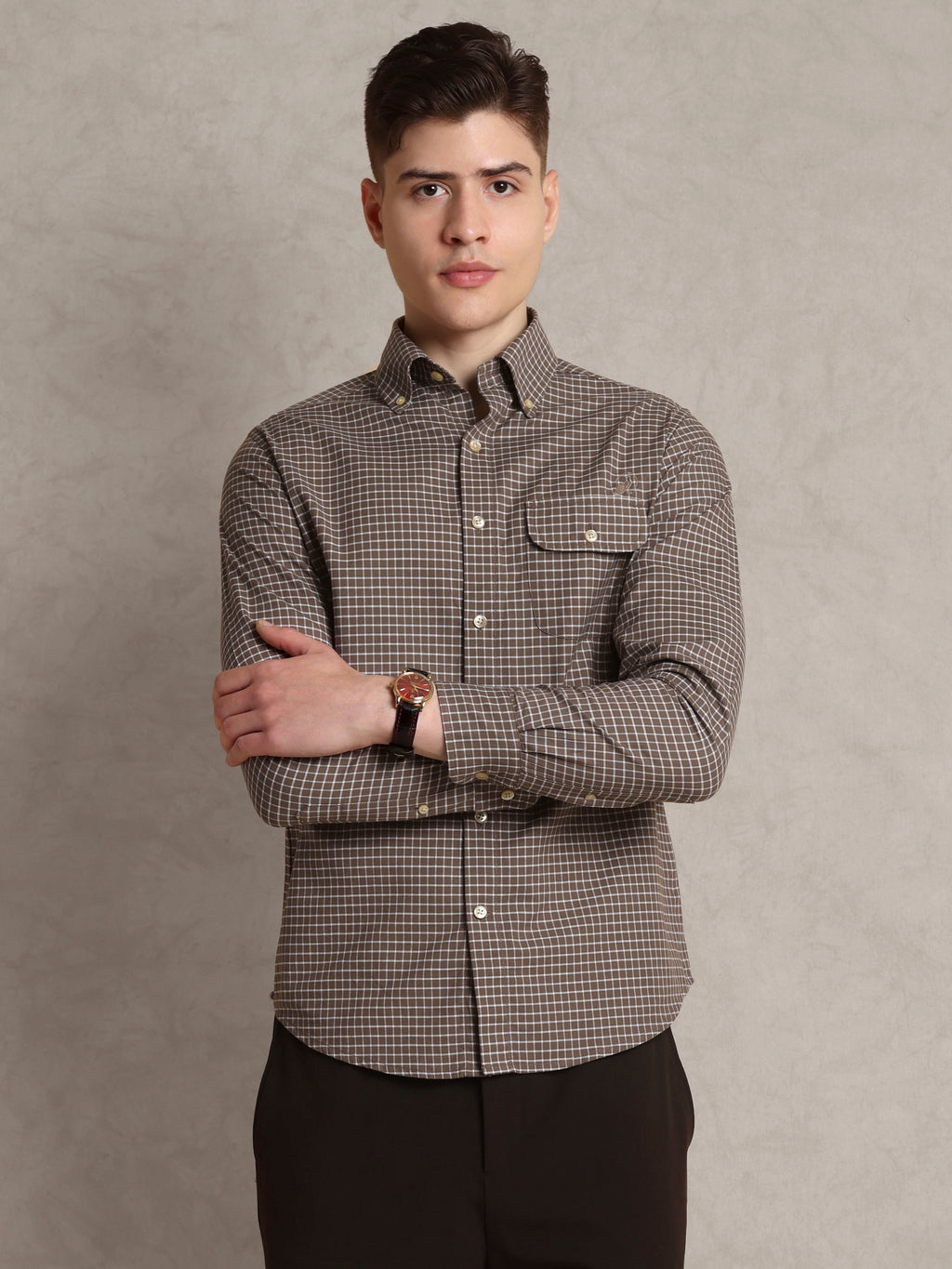 The Udai: Slim Fit Checkered Caramel Egyptian Cotton Shirt