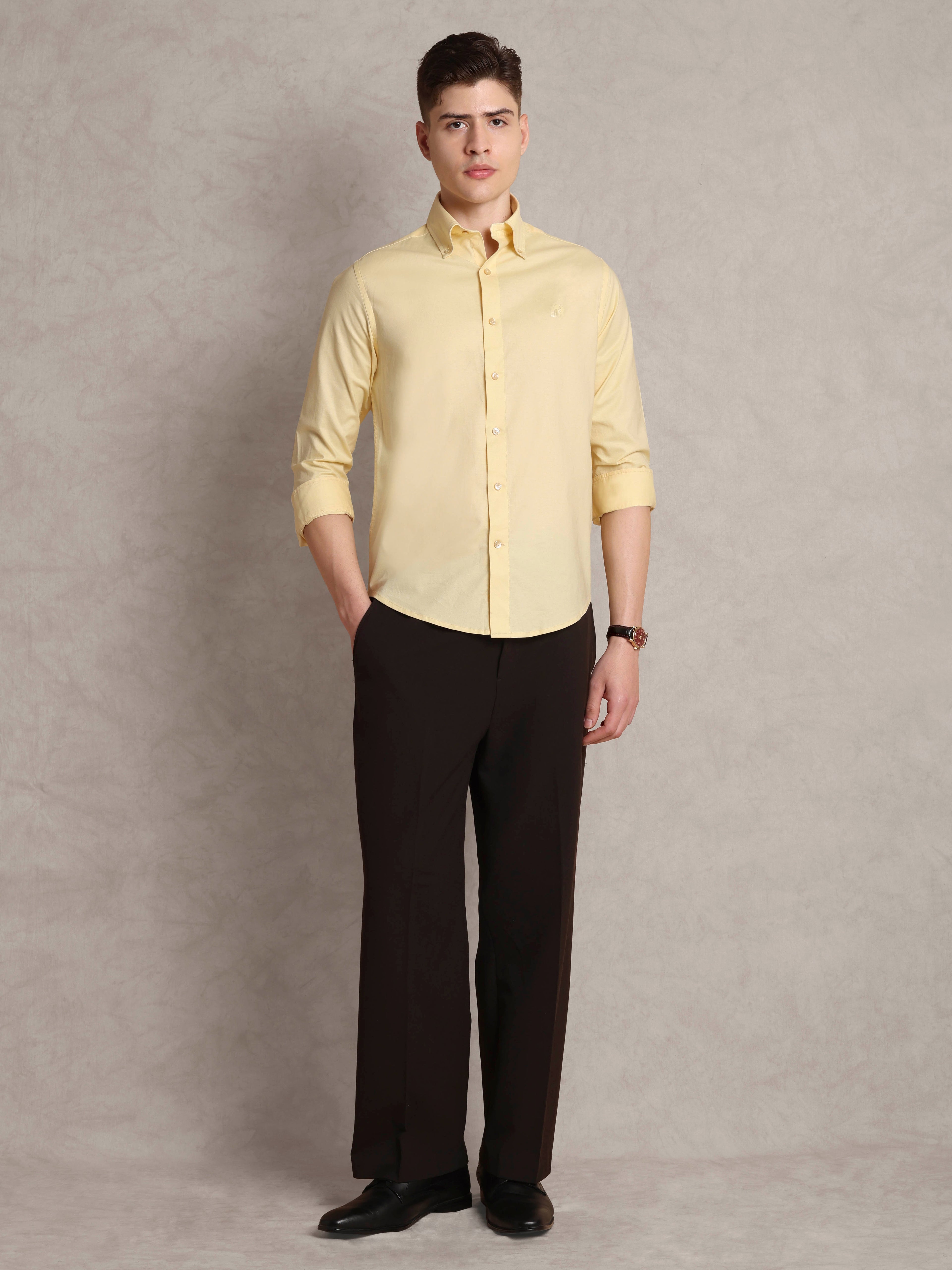 The Rawal: Slim Fit Solid Yellow Oxford Shirt