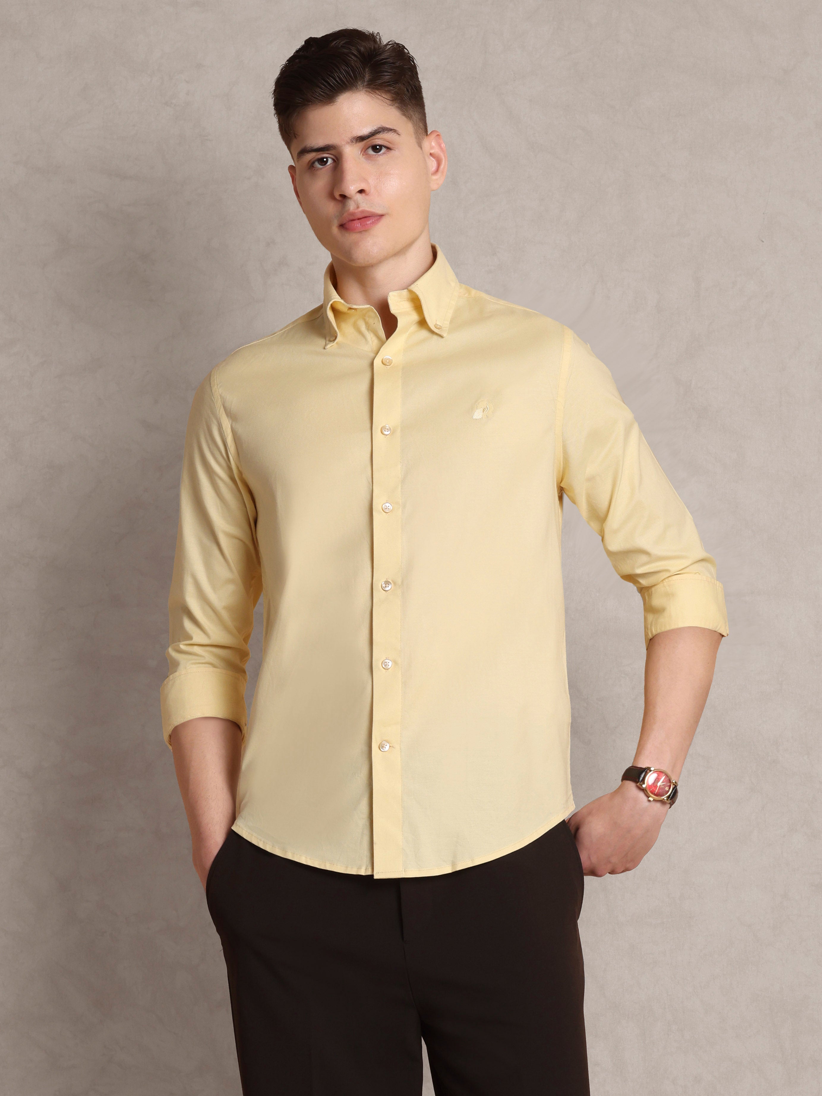 The Rawal: Slim Fit Solid Yellow Oxford Shirt