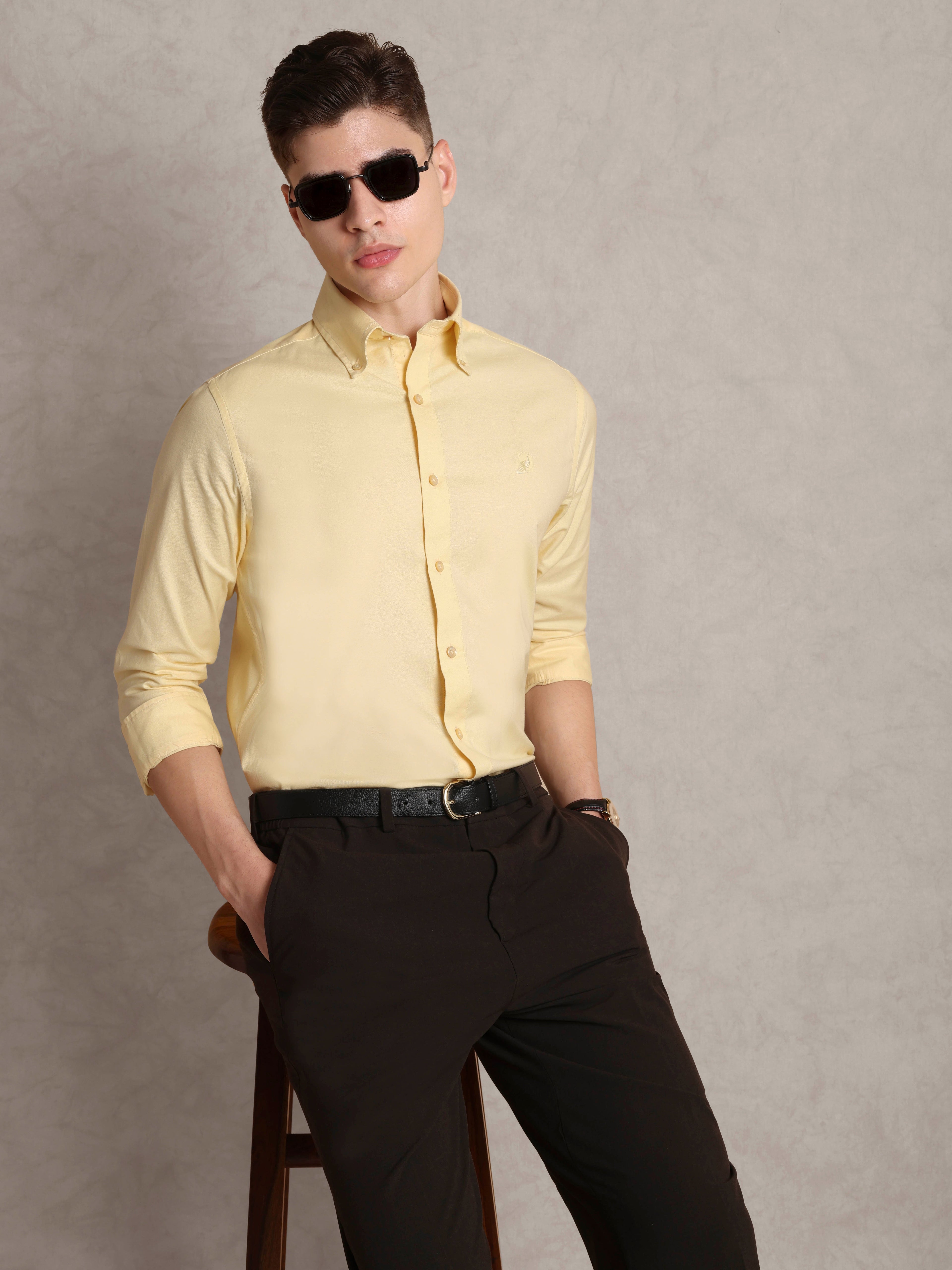 The Rawal: Slim Fit Solid Yellow Oxford Shirt