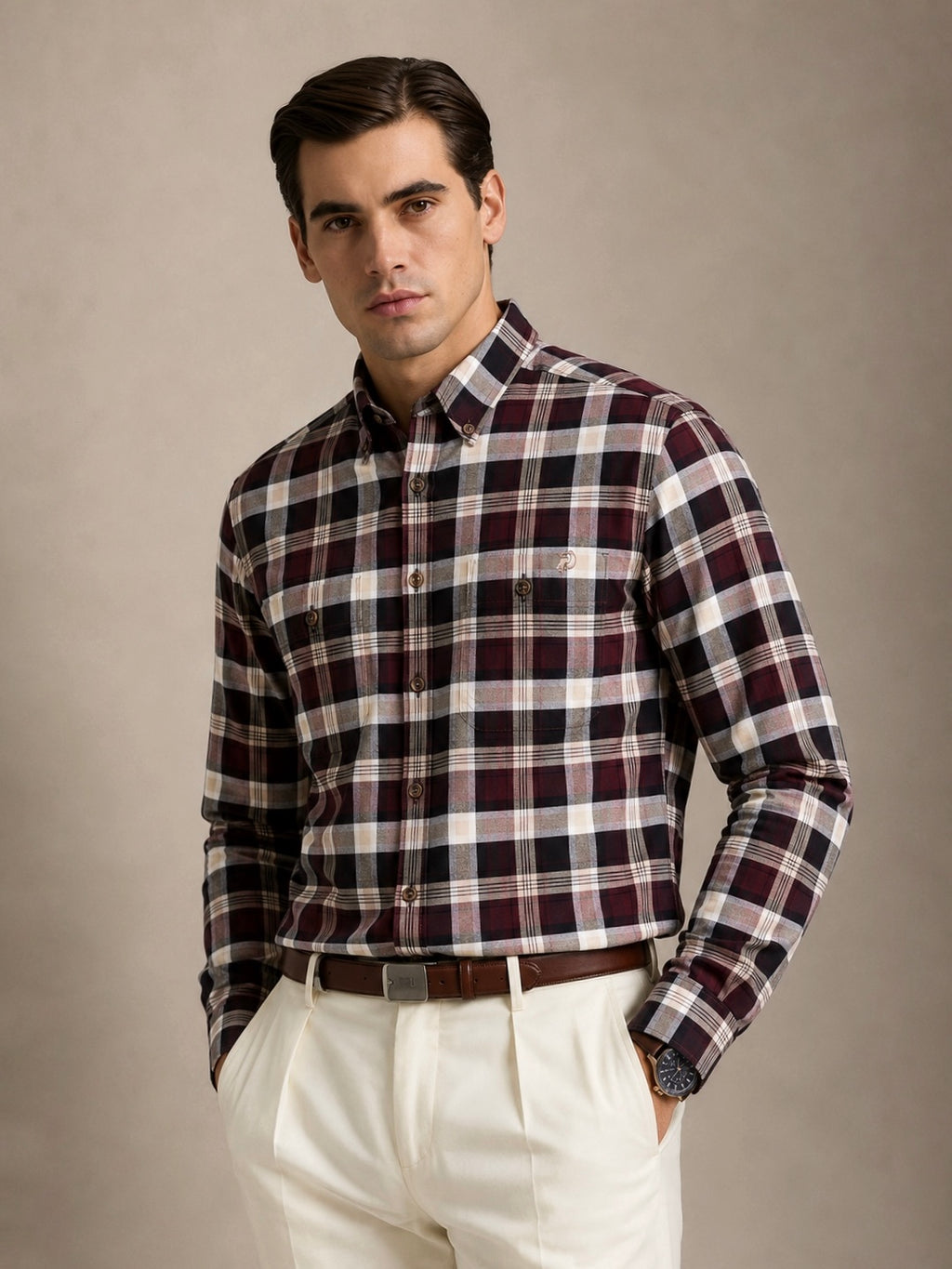 The Rawal: Slim Fit Checkered Maroon Oxford Shirt