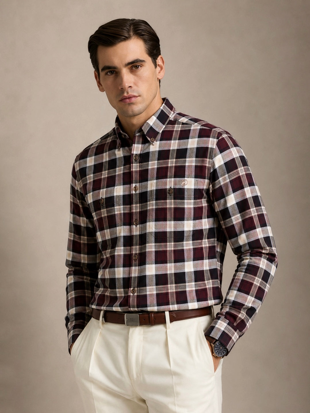 The Rawal: Slim Fit Checkered Maroon Oxford Shirt