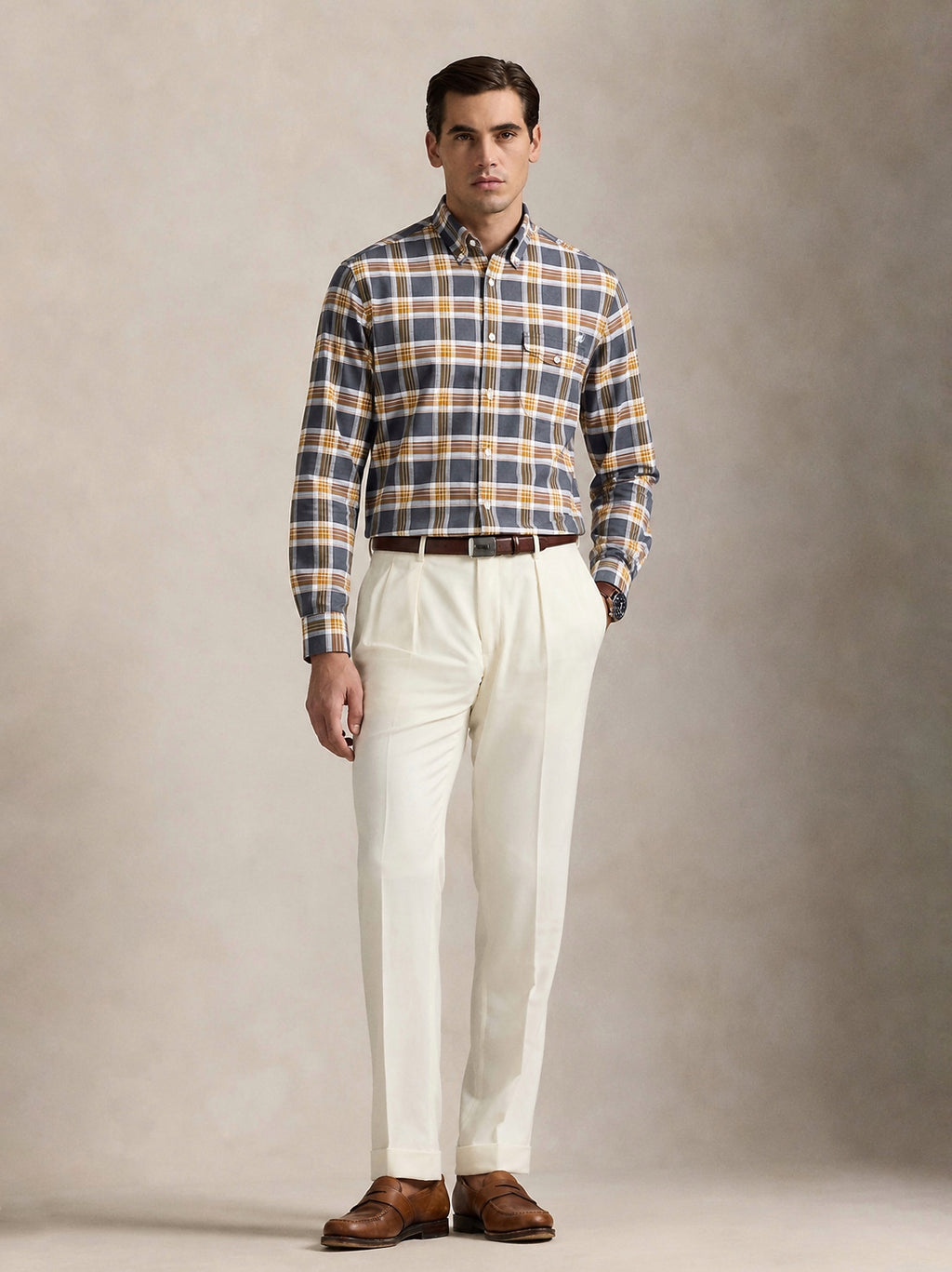The Udai: Slim Fit Checkered Blue-Gold Oxford Shirt