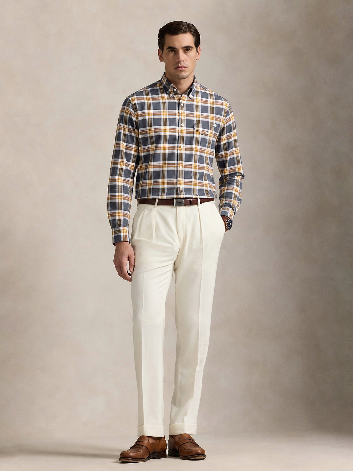 The Udai: Slim Fit Checkered Blue-Gold Oxford Shirt