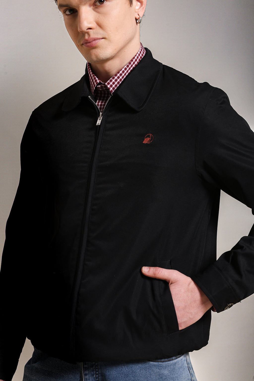 Men's Embroidered Black Cotton Twill Jacket with Spread Collar