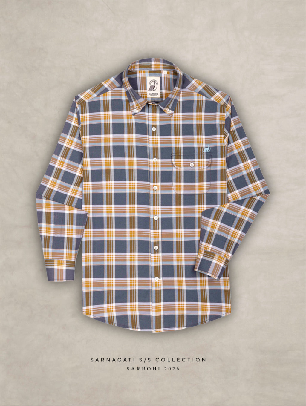 The Udai: Slim Fit Checkered Blue-Gold Oxford Shirt