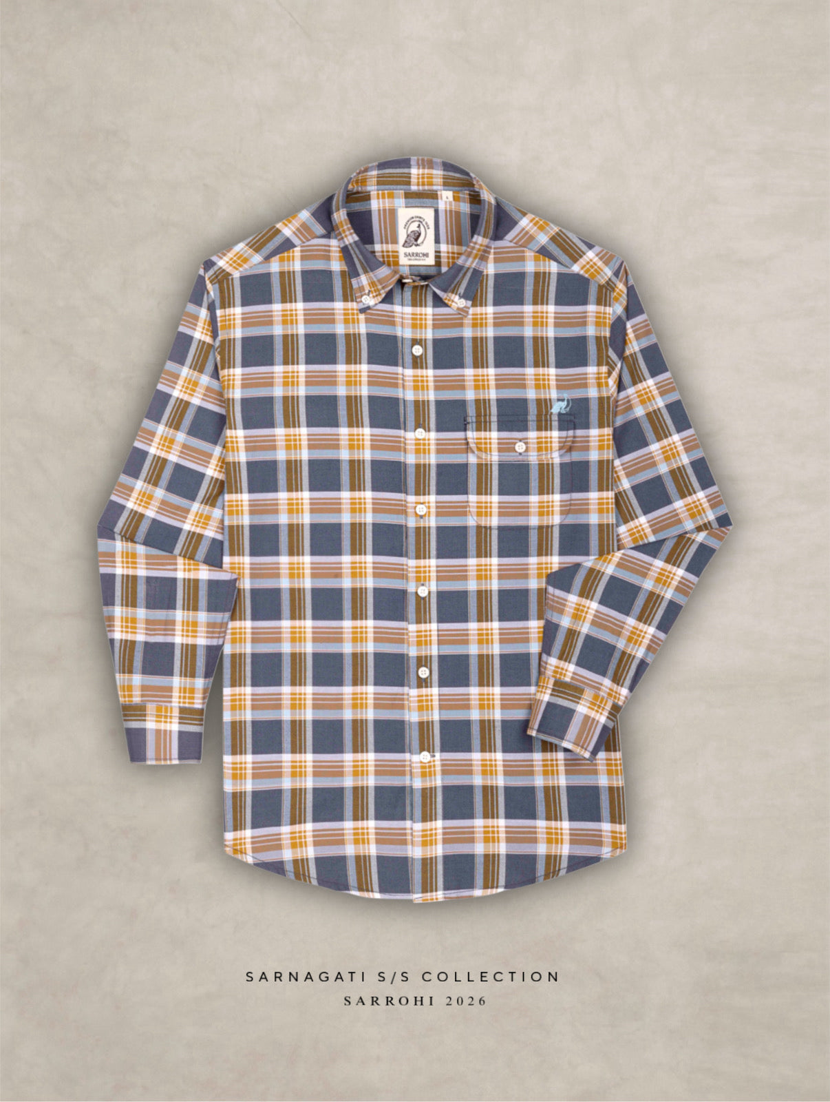 The Udai: Slim Fit Checkered Blue-Gold Oxford Shirt