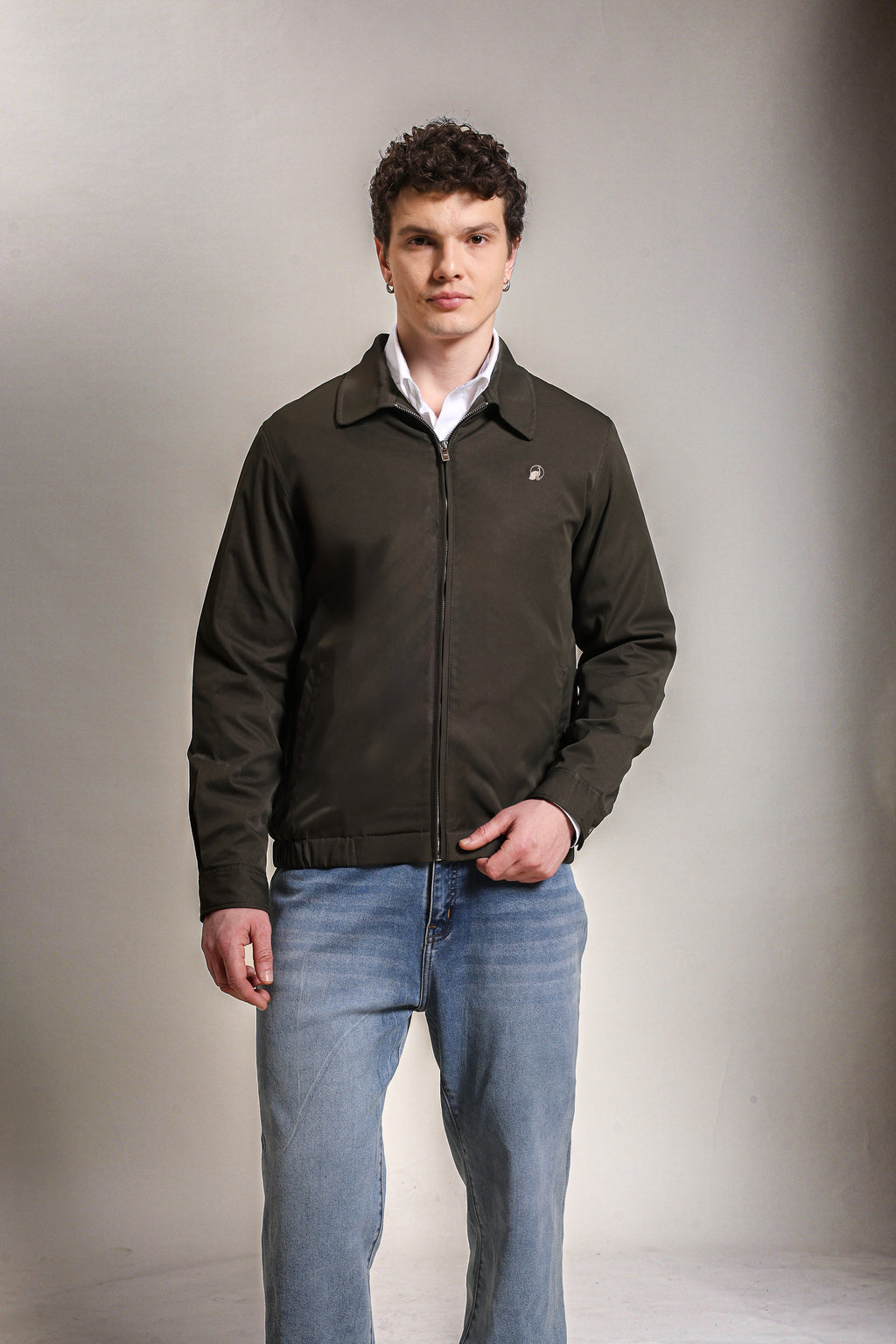 Men's Embroidered Forest Green Cotton Twill Jacket with Spread Collar
