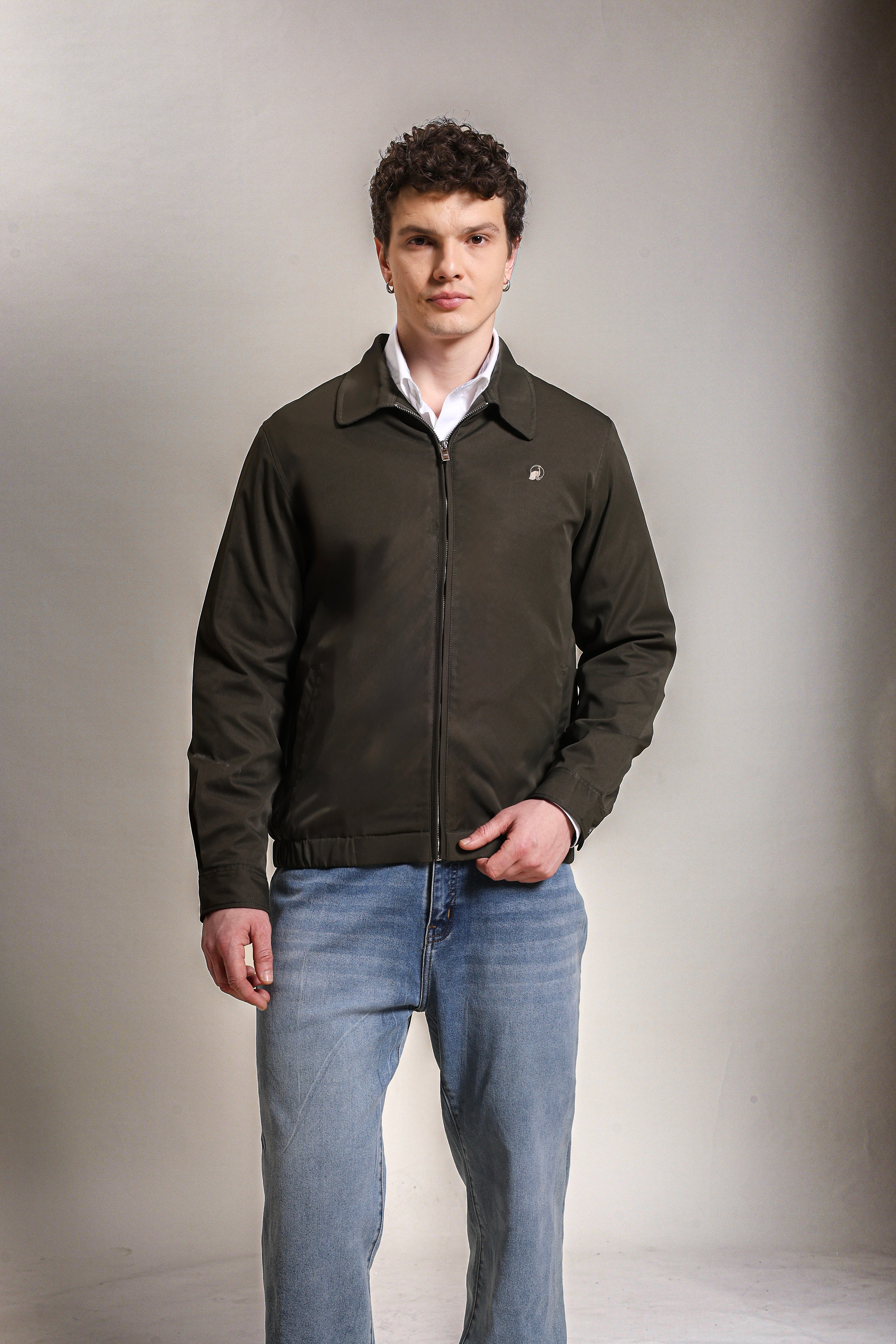 Men's Embroidered Forest Green Cotton Twill Jacket with Spread Collar