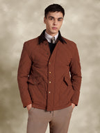 Tagore Jacket- Men's Safari Rust Slim Fit Quilted Jacket with Courduroy Collar