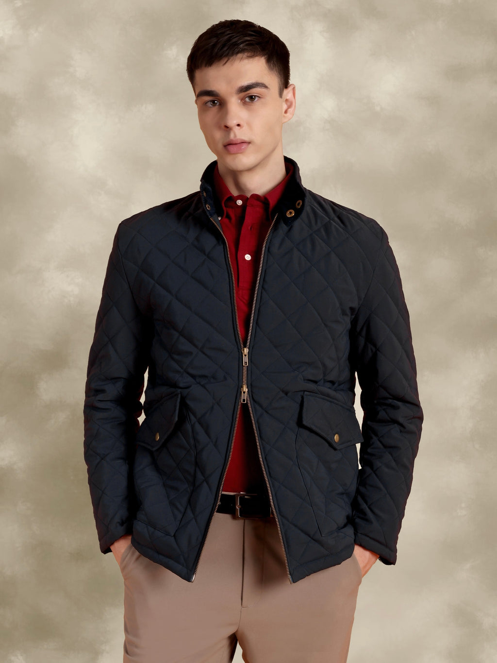 Tagore Jacket- Men's Blue Slim Fit Quilted Jacket with Courduroy Collar