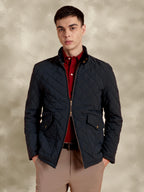 Tagore Jacket- Men's Blue Slim Fit Quilted Jacket with Courduroy Collar