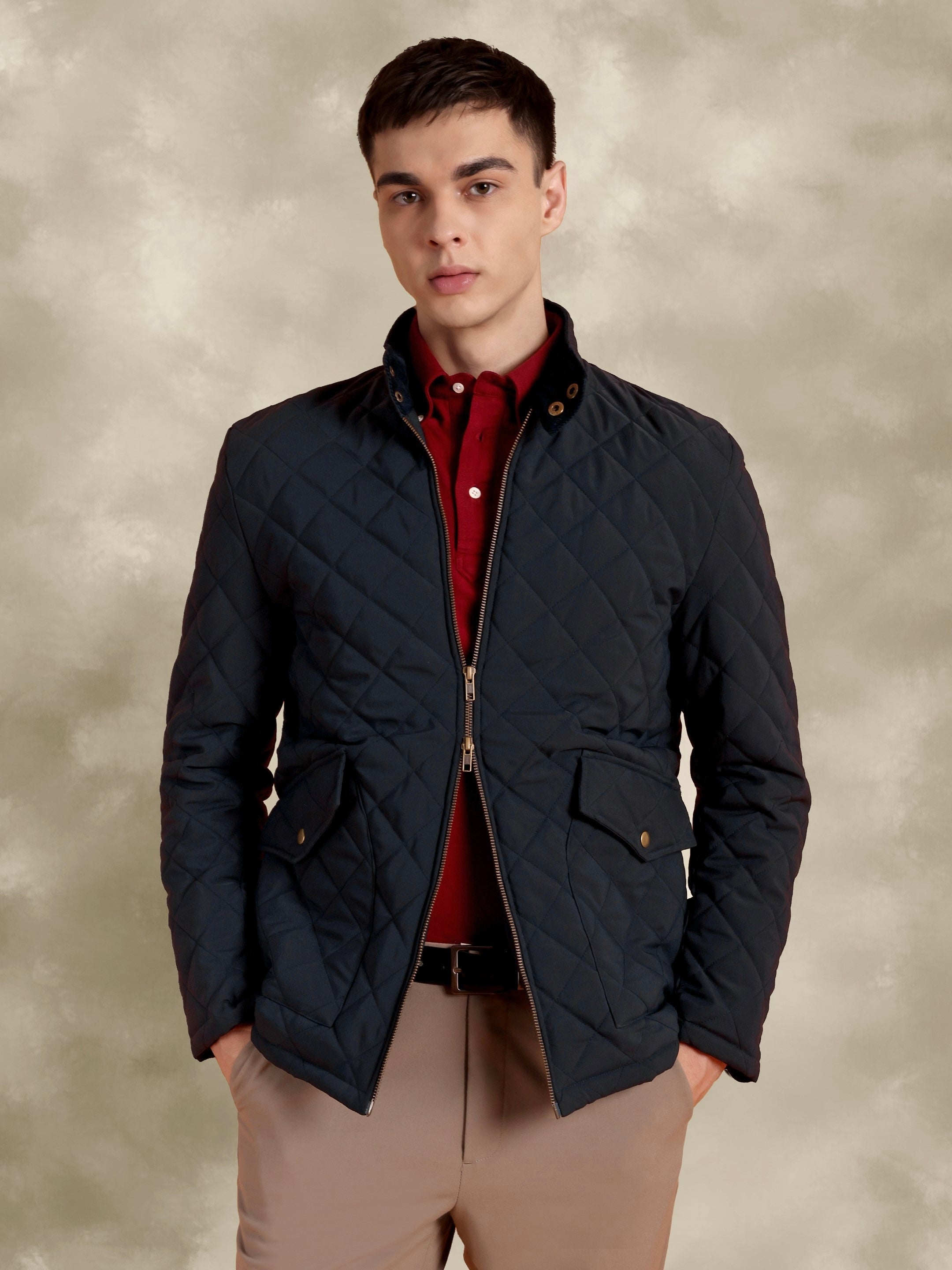 Tagore Jacket- Men's Blue Slim Fit Quilted Jacket with Courduroy Collar