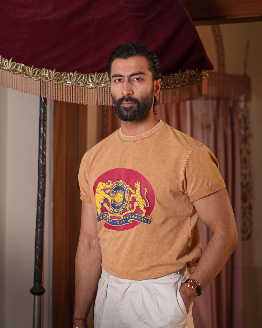 The Marwar Beige washed Crew Neck Tee