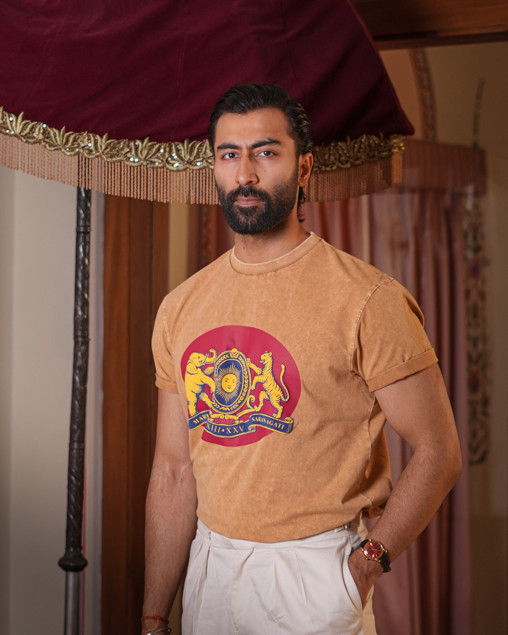 The Marwar Beige washed Crew Neck Tee
