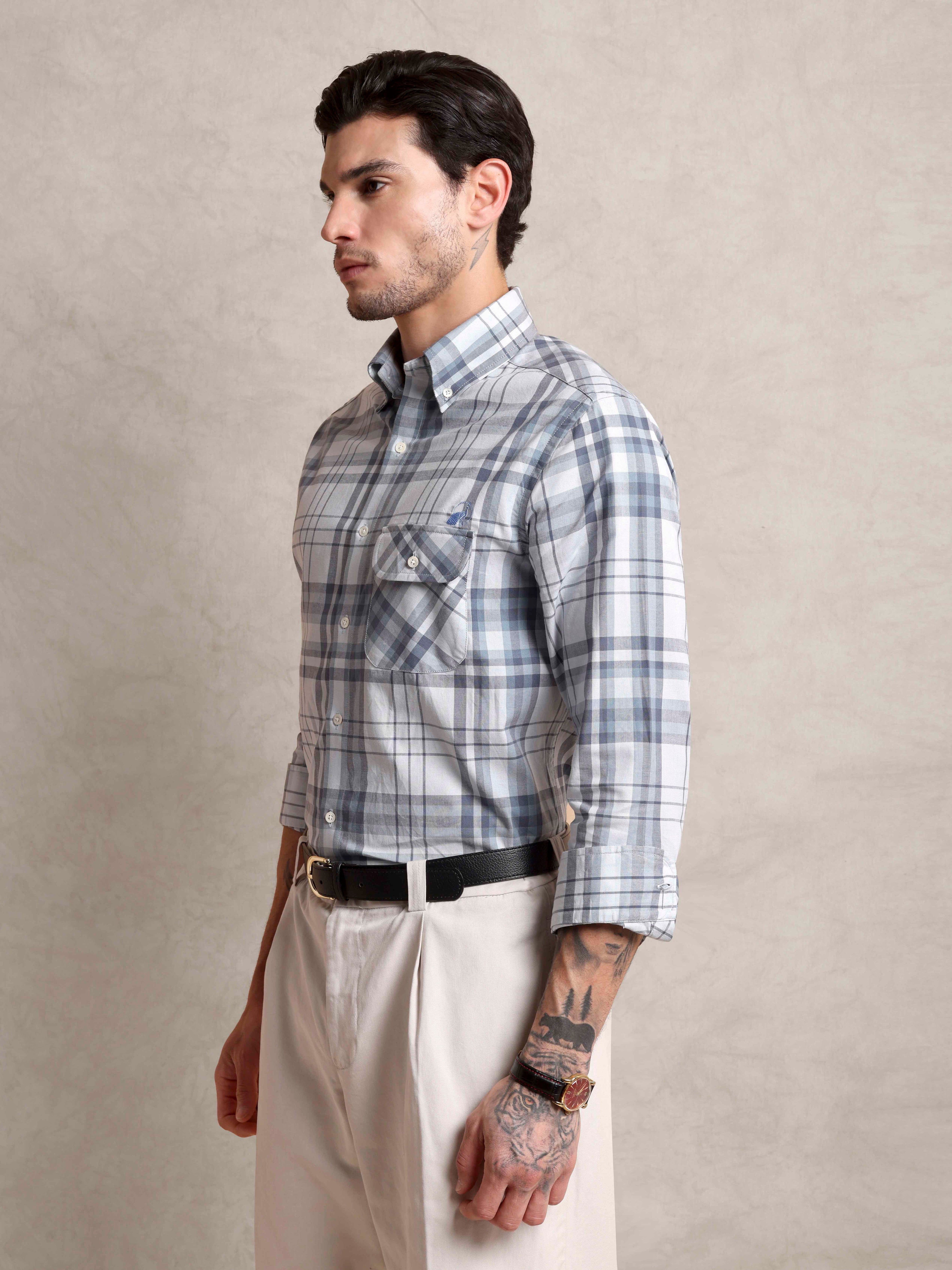 The Udai: Slim Fit Checkered Blue-Grey Single Pocket Oxford Shirt
