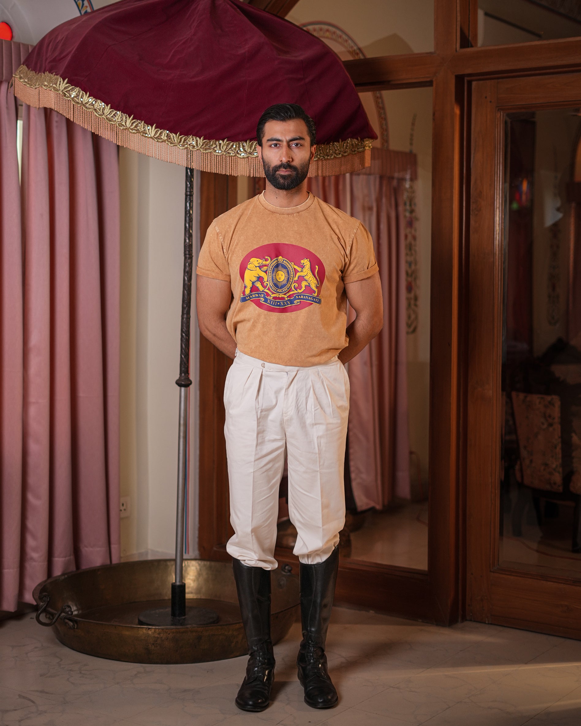 The Marwar Beige washed Crew Neck Tee